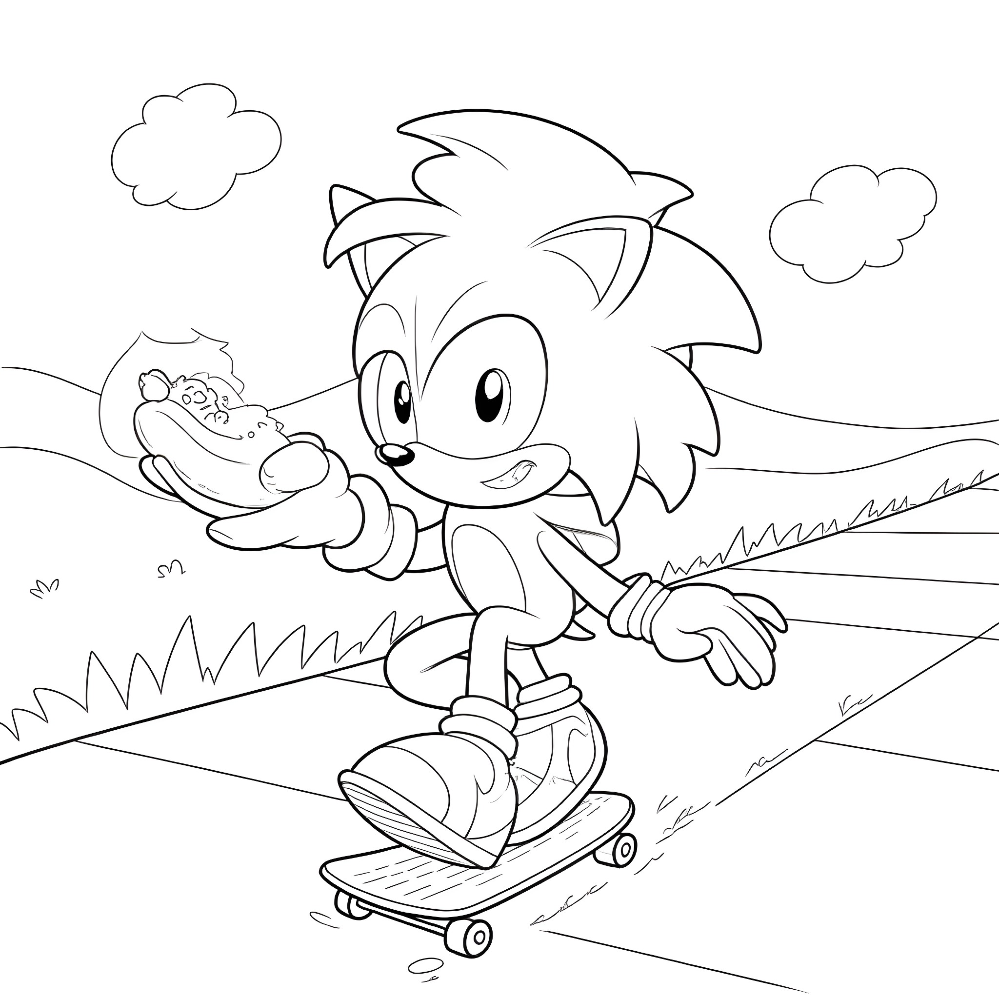 Sonic the Hedgehog riding a skateboard through nature Coloring Page (free black-and-white line drawing printable PDF for all, from beginners to advanced learners, including children, teens, adults, and seniors)