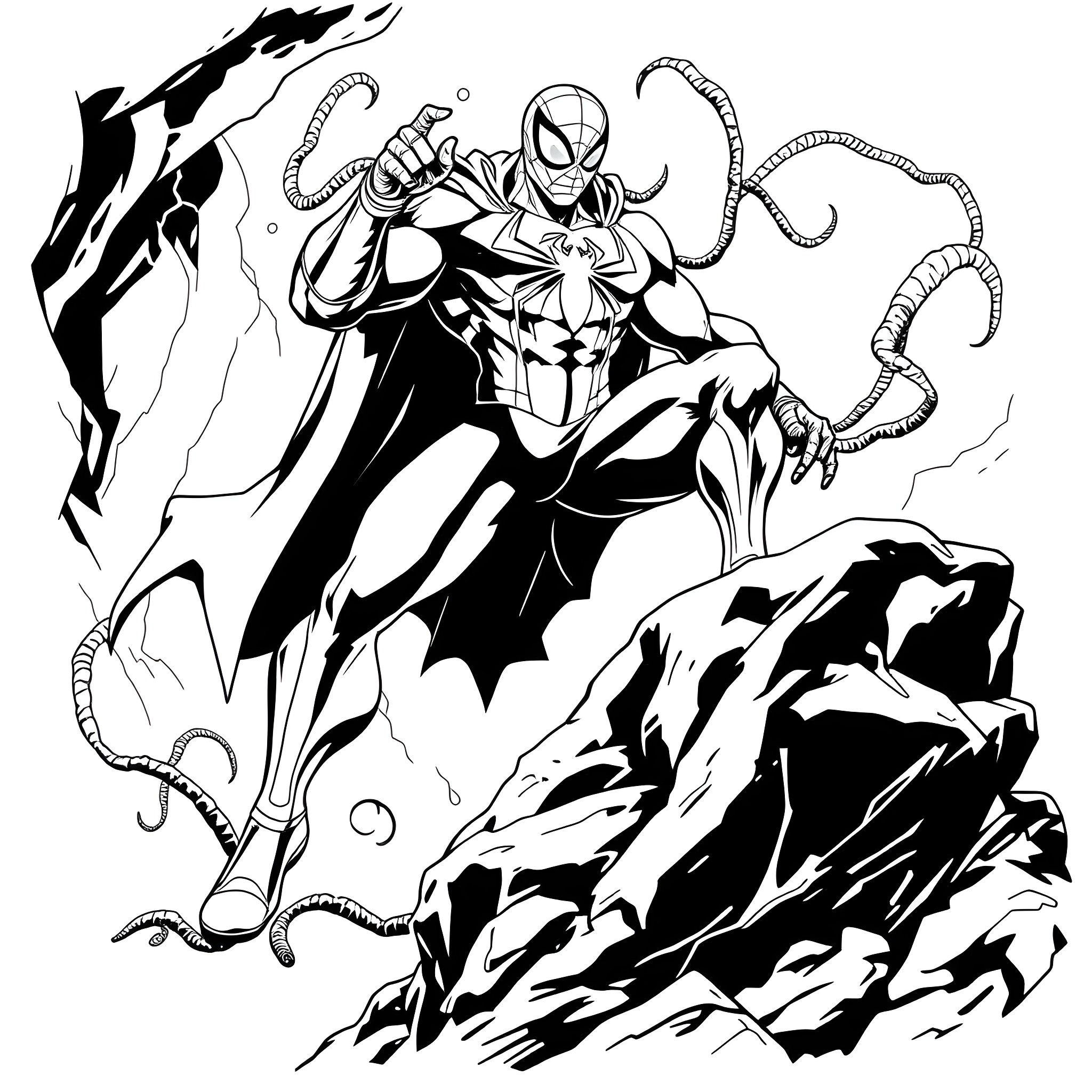 Venom unleashing chaos in the city Coloring Page (free black-and-white line drawing printable PDF for all, from beginners to advanced learners, including children, teens, adults, and seniors)