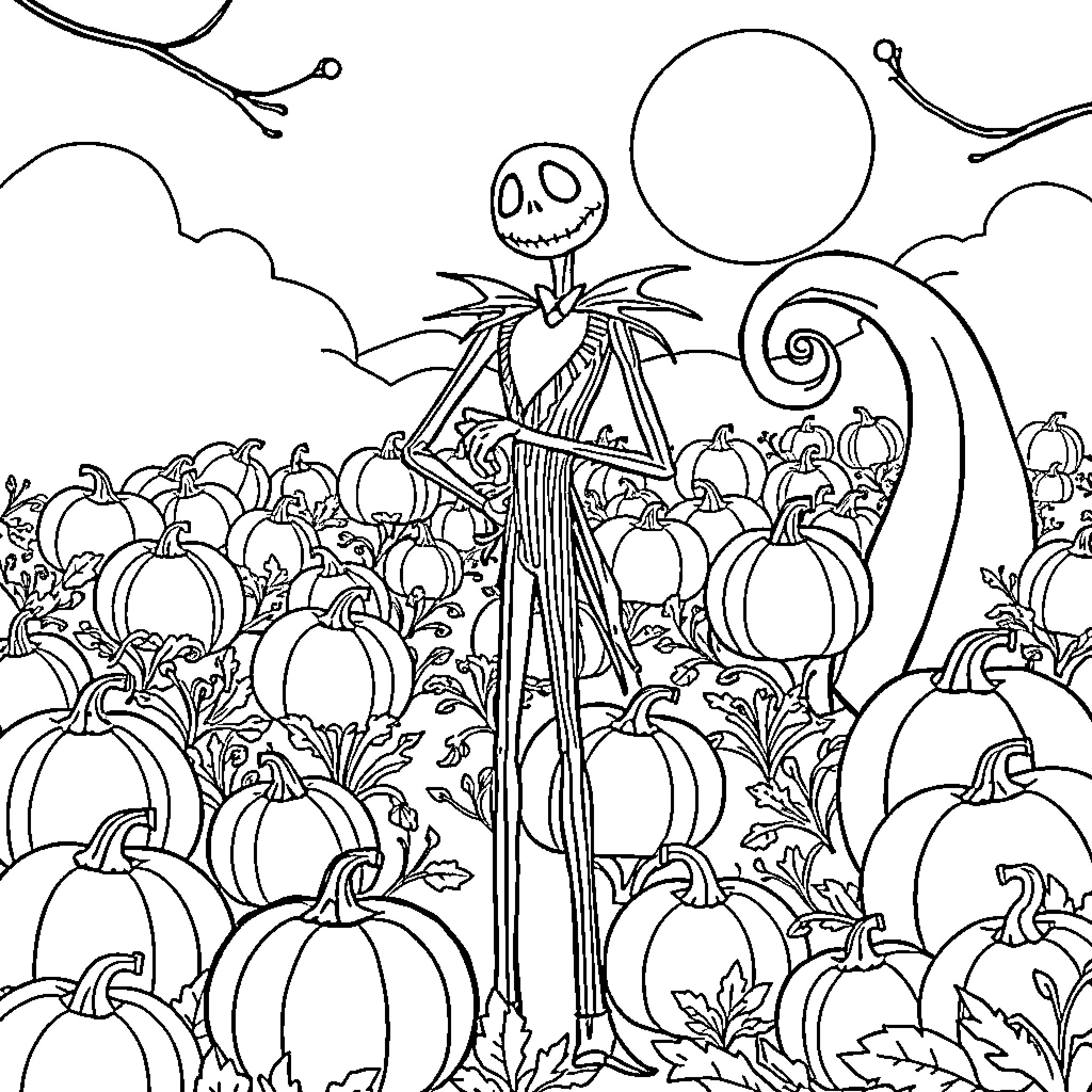 Pumpkin patch with spooky character Coloring Page (free black-and-white line drawing printable PDF for all, from beginners to advanced learners, including children, teens, adults, and seniors)