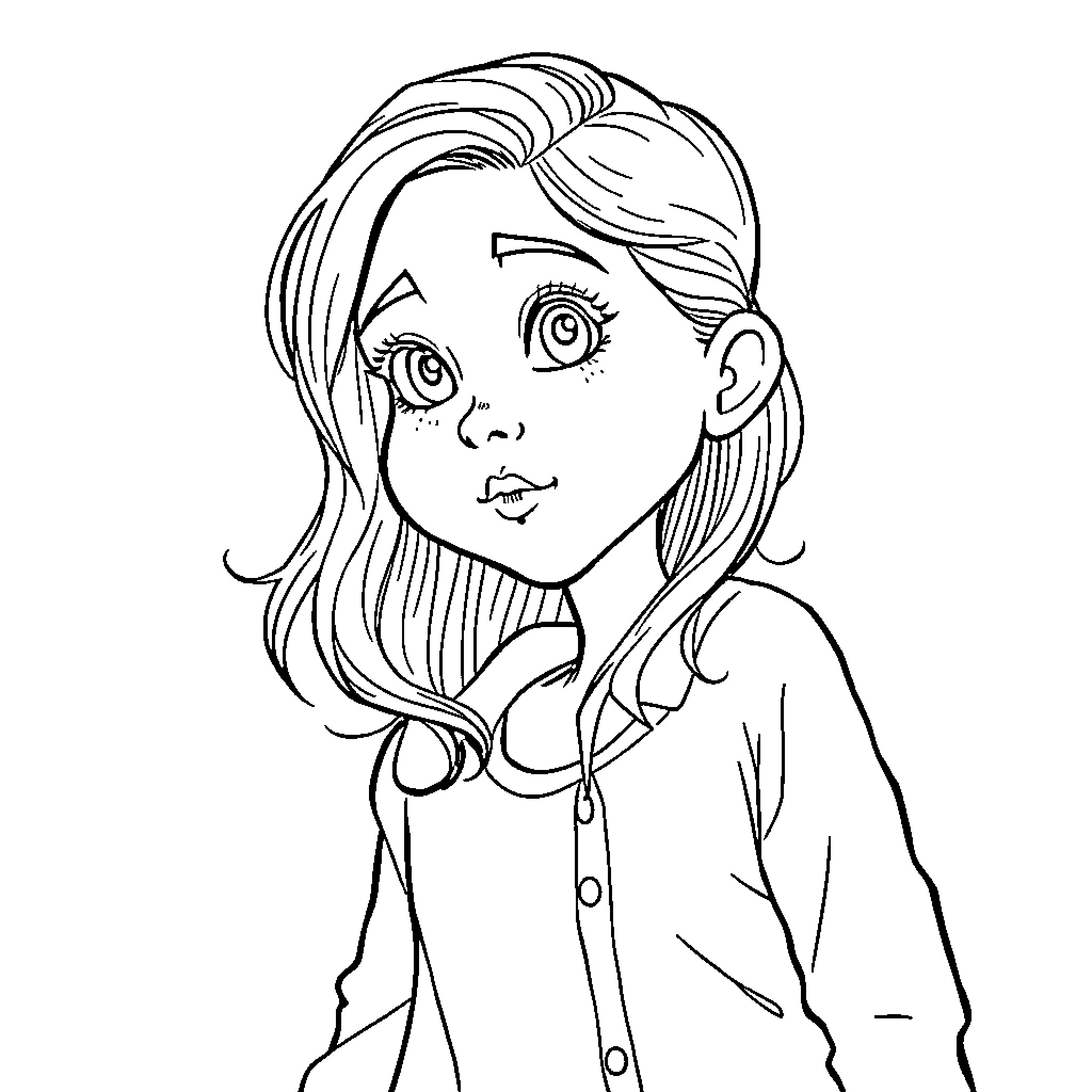 Fille in a Contemplative Pose Coloring Page (free black-and-white line drawing printable PDF for all, from beginners to advanced learners, including children, teens, adults, and seniors)