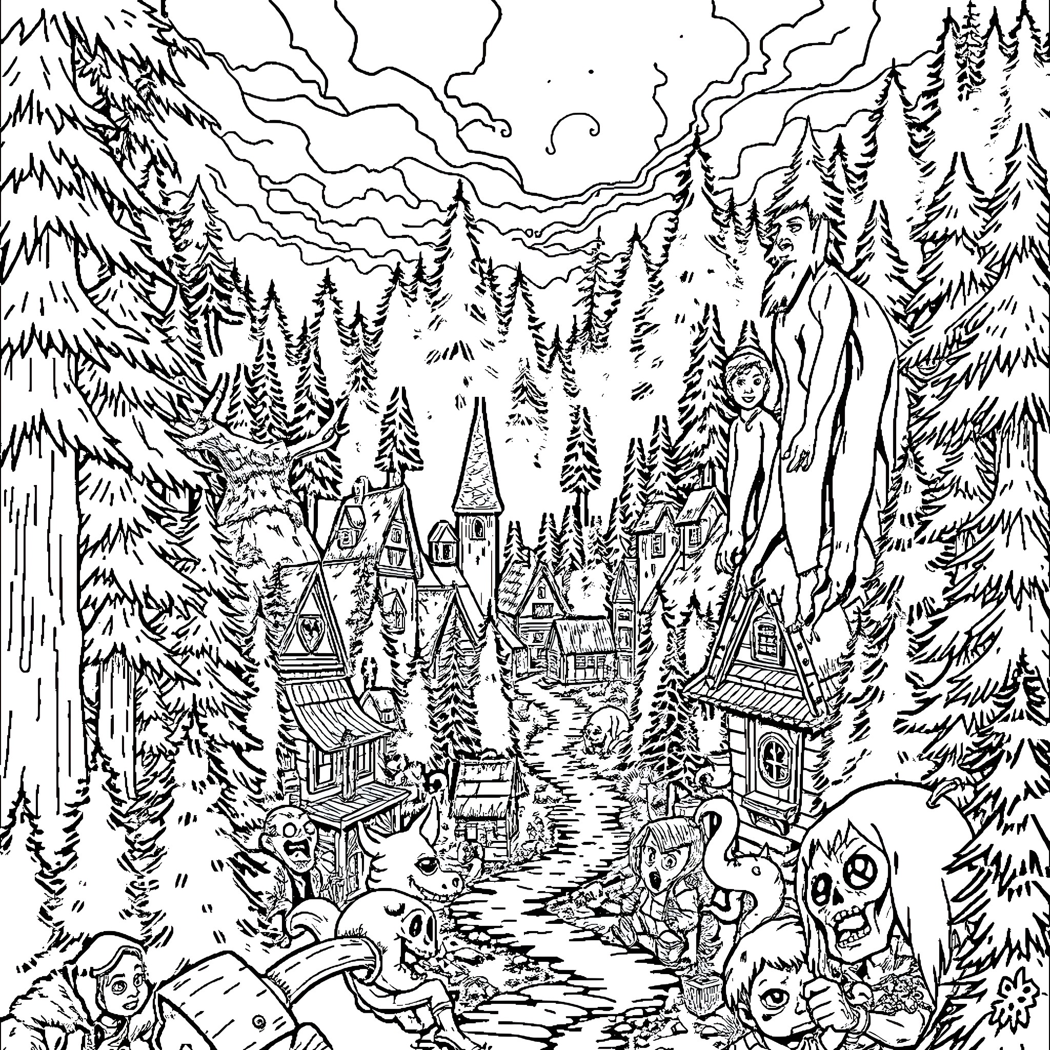 Gravity Falls: Mysterious Winter Wonderland Coloring Page (free black-and-white line drawing printable PDF for all, from beginners to advanced learners, including children, teens, adults, and seniors)