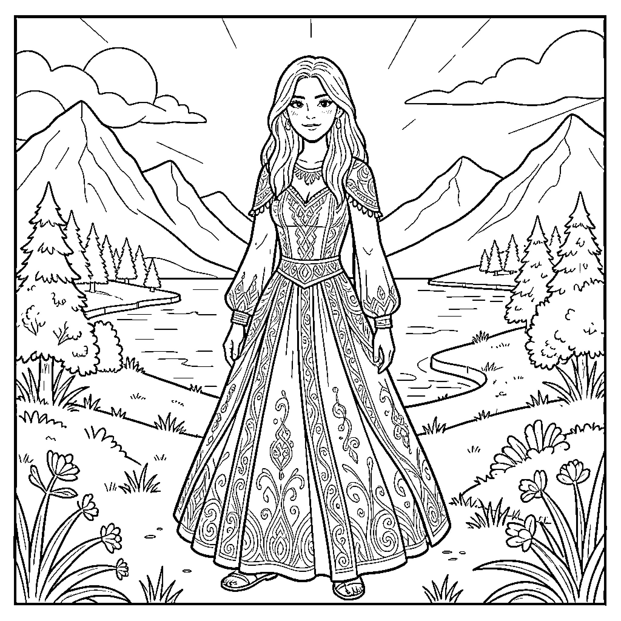 Zara Larson standing in a beautiful mountain landscape Coloring Page (free black-and-white line drawing printable PDF for all, from beginners to advanced learners, including children, teens, adults, and seniors)