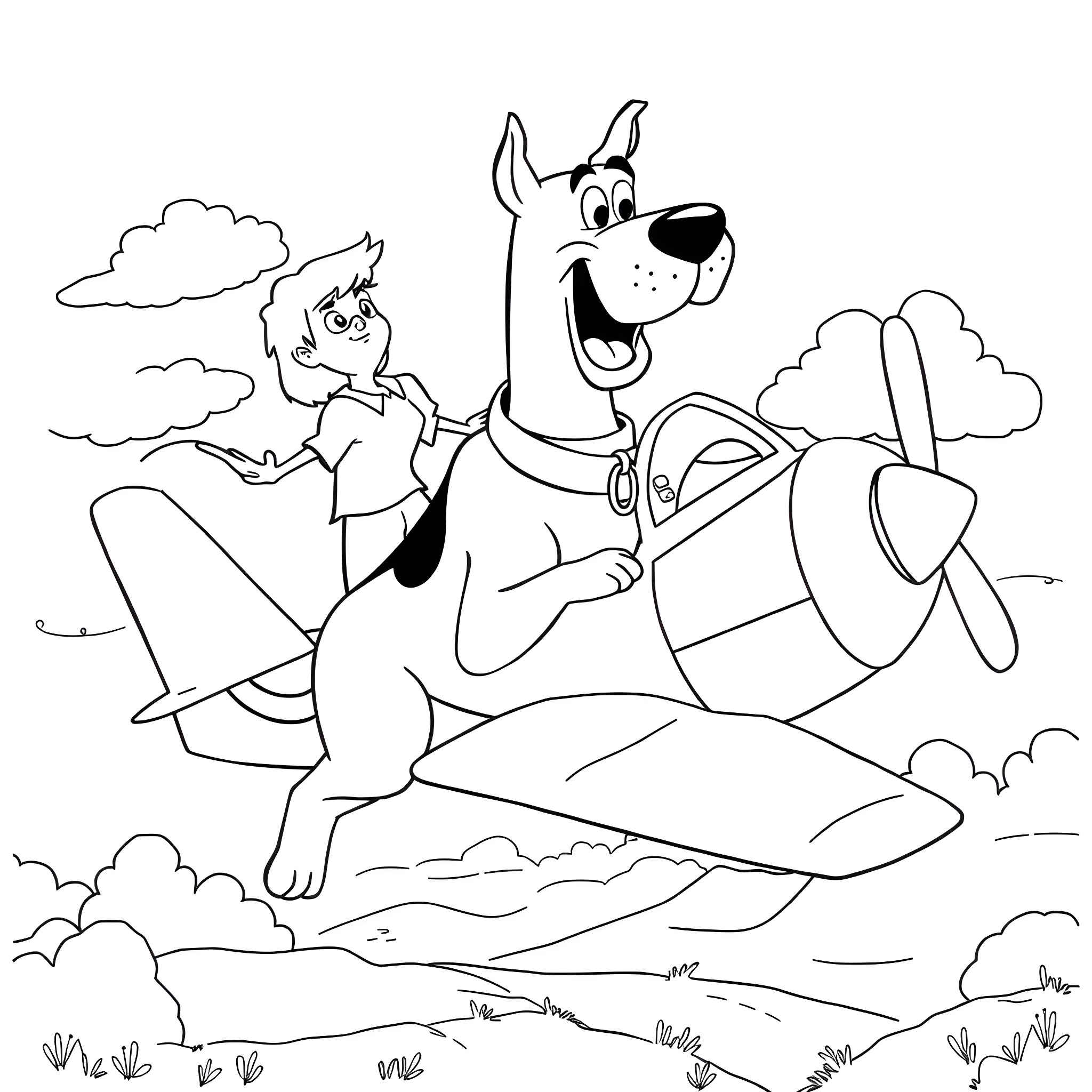Scooby Doo and Shaggy riding in a colorful airplane Coloring Page (free black-and-white line drawing printable PDF for all, from beginners to advanced learners, including children, teens, adults, and seniors)