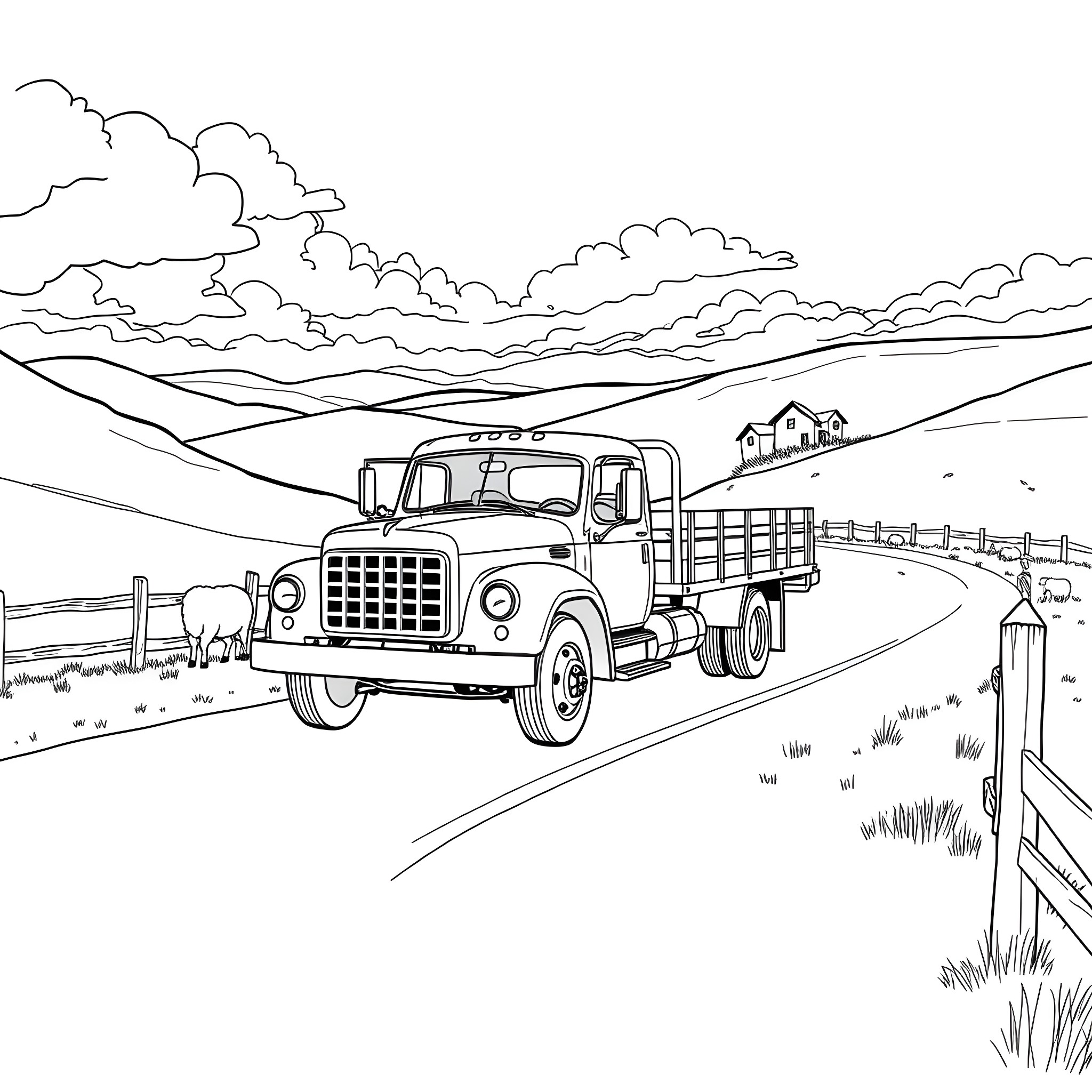 Flatbed truck driving through scenic countryside Coloring Page (free black-and-white line drawing printable PDF for all, from beginners to advanced learners, including children, teens, adults, and seniors)