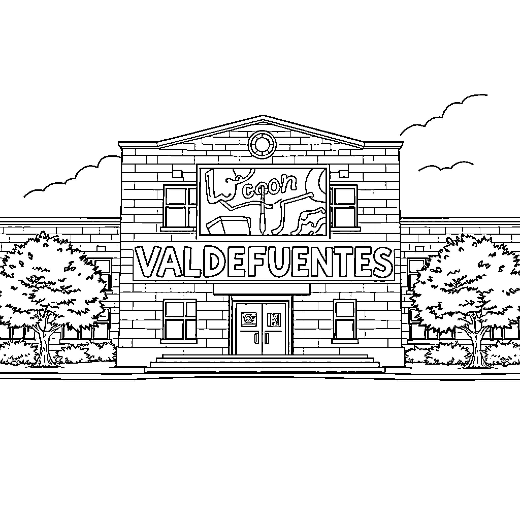 School building with exterior signage and landscaping Coloring Page (free black-and-white line drawing printable PDF for all, from beginners to advanced learners, including children, teens, adults, and seniors)