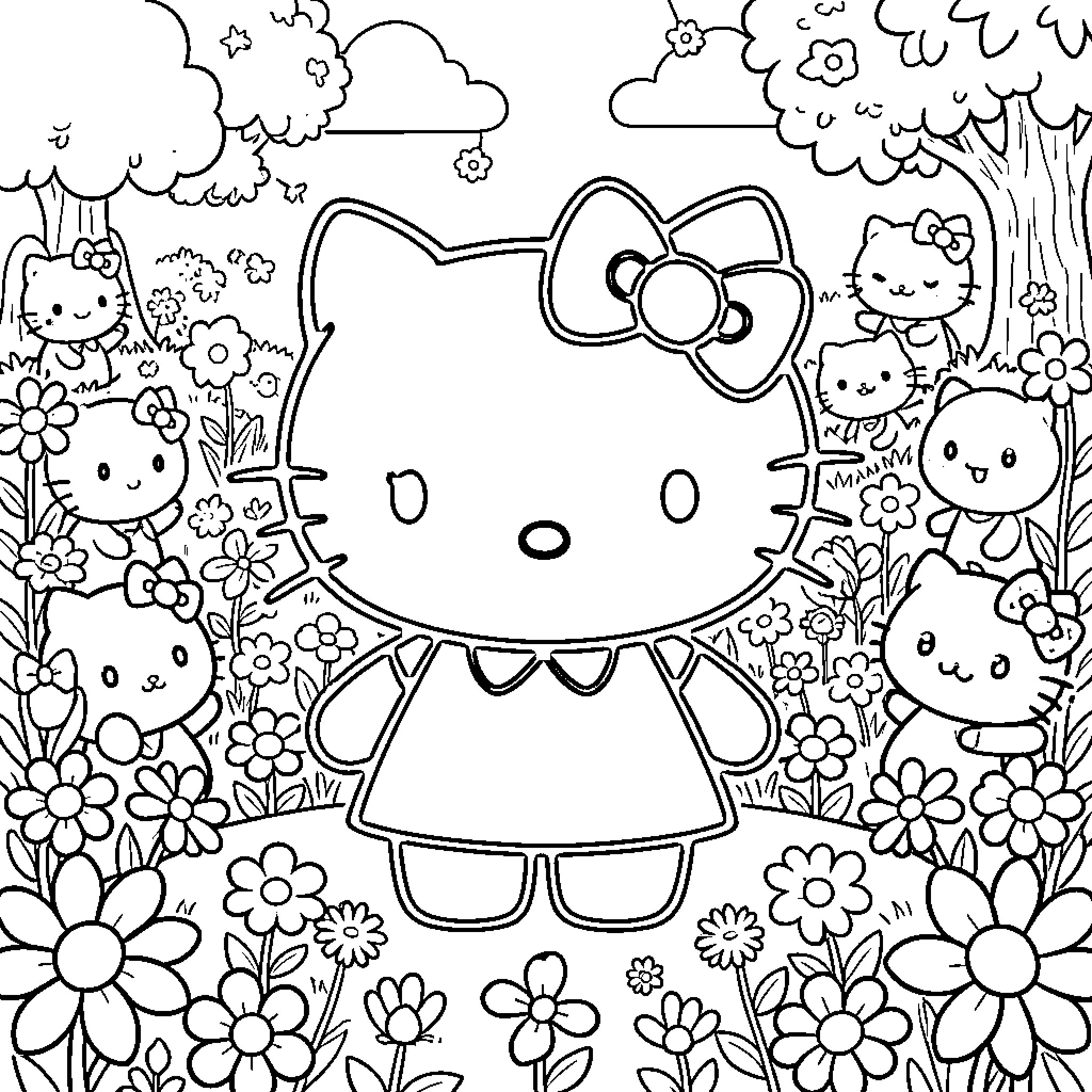 Hello Kitty playing with friends in a flowery garden Coloring Page (free black-and-white line drawing printable PDF for all, from beginners to advanced learners, including children, teens, adults, and seniors)