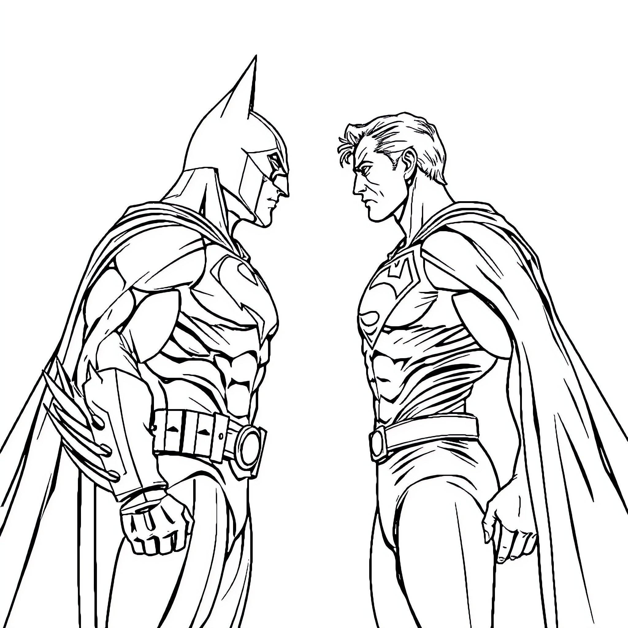 Batman and Superhero Confrontation Coloring Page (free black-and-white line drawing printable PDF for all, from beginners to advanced learners, including children, teens, adults, and seniors)