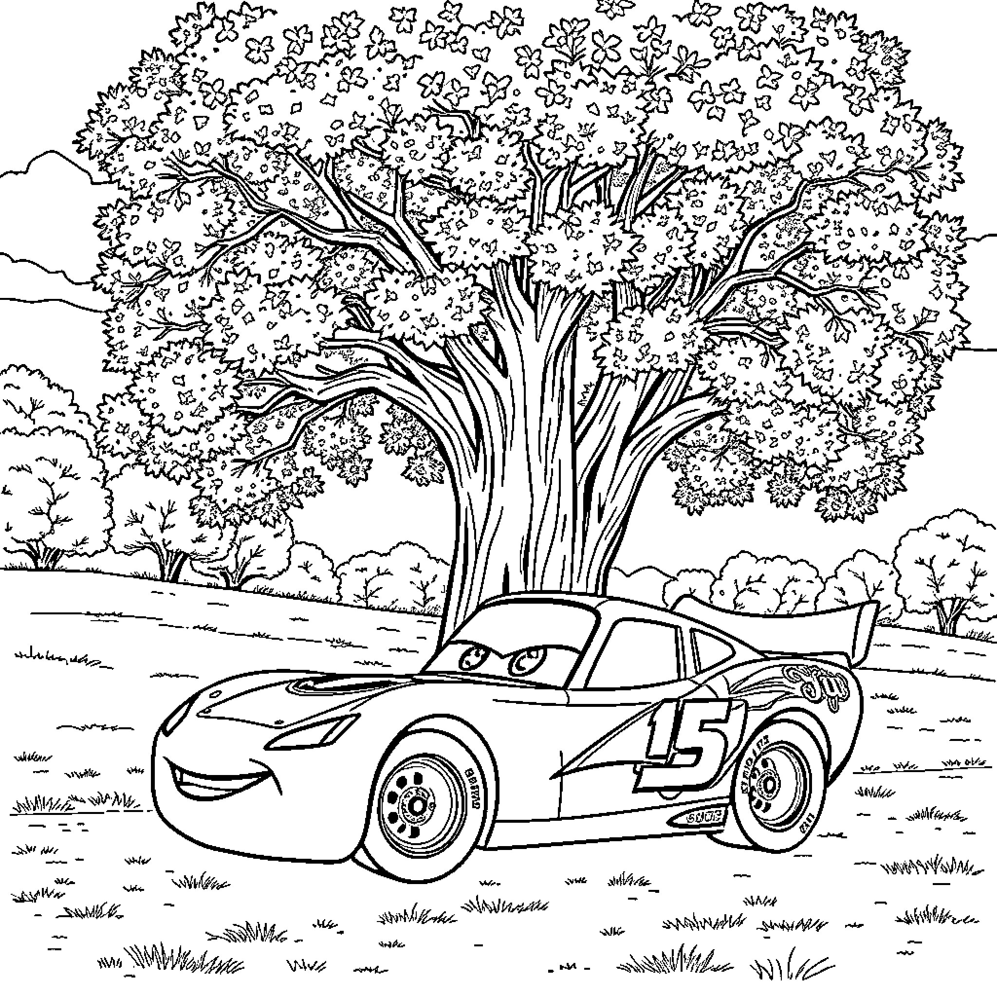Lightning McQueen racing through the forest Coloring Page (free black-and-white line drawing printable PDF for all, from beginners to advanced learners, including children, teens, adults, and seniors)