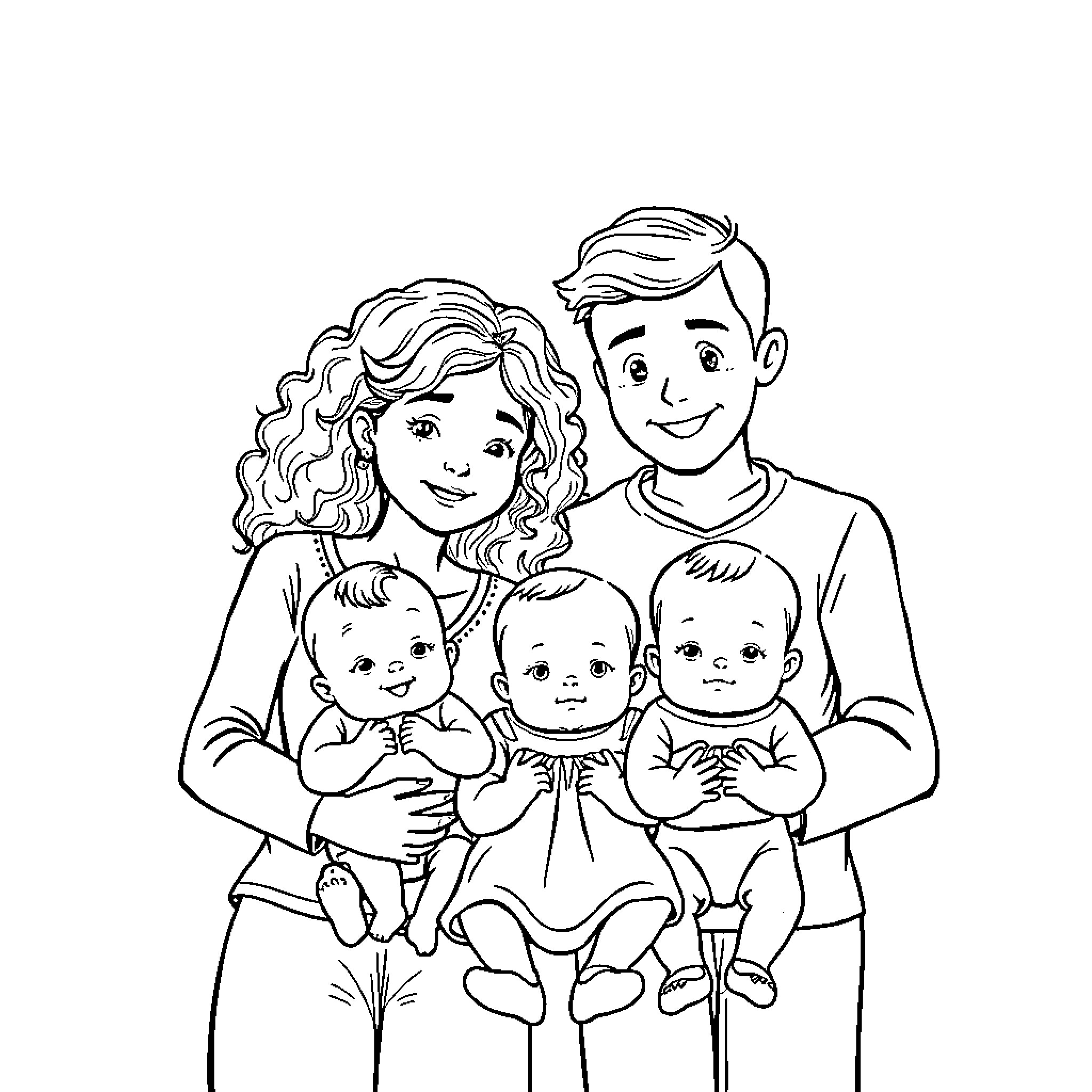 Family portrait of smiling parents with children Coloring Page (free black-and-white line drawing printable PDF for all, from beginners to advanced learners, including children, teens, adults, and seniors)
