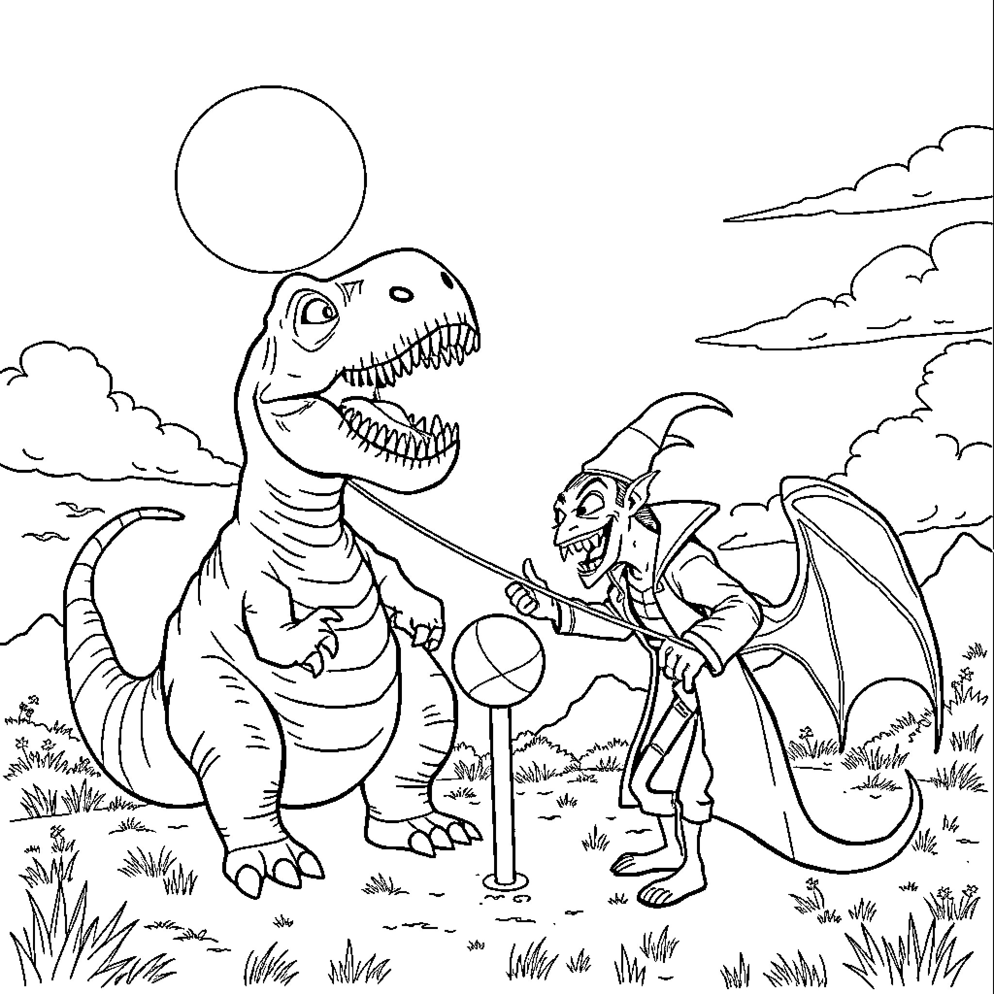 Dinosaur and dragon playing together in the park Coloring Page (free black-and-white line drawing printable PDF for all, from beginners to advanced learners, including children, teens, adults, and seniors)