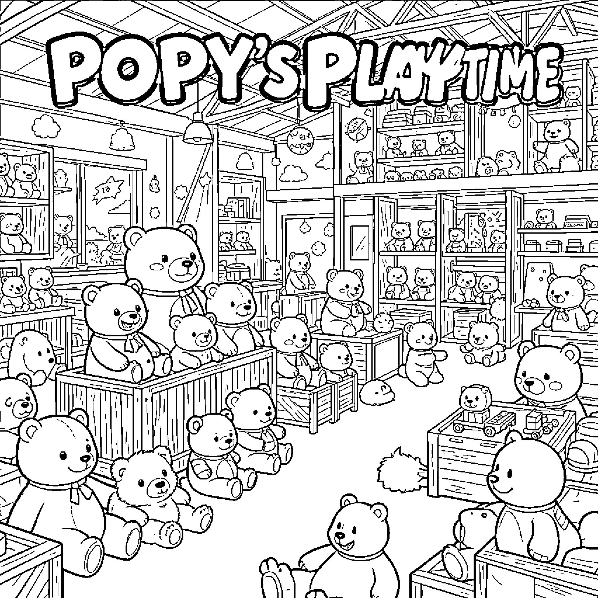 Poppy surrounded by many teddy bears in a toy store Coloring Page (free black-and-white line drawing printable PDF for all, from beginners to advanced learners, including children, teens, adults, and seniors)