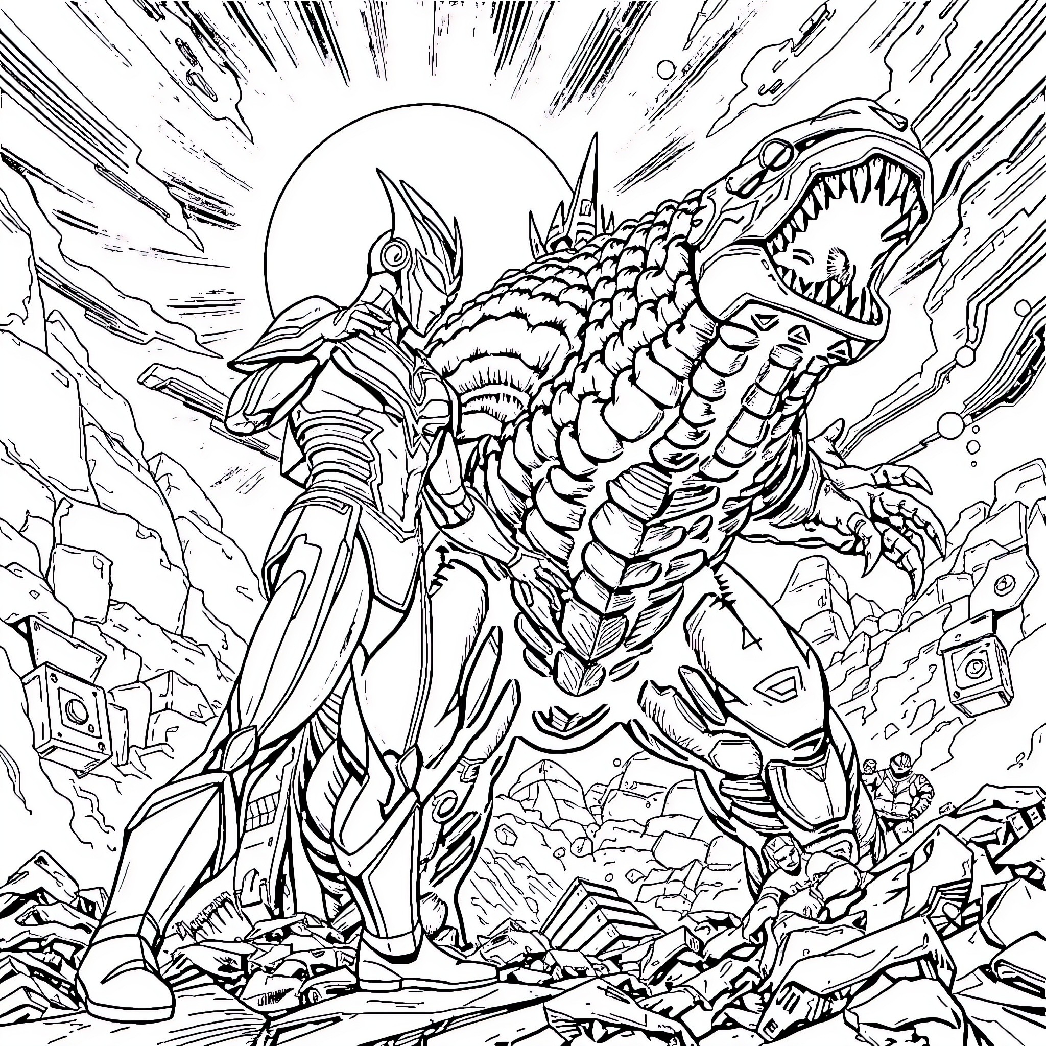 Ultraman battling a formidable alien monster Coloring Page (free black-and-white line drawing printable PDF for all, from beginners to advanced learners, including children, teens, adults, and seniors)