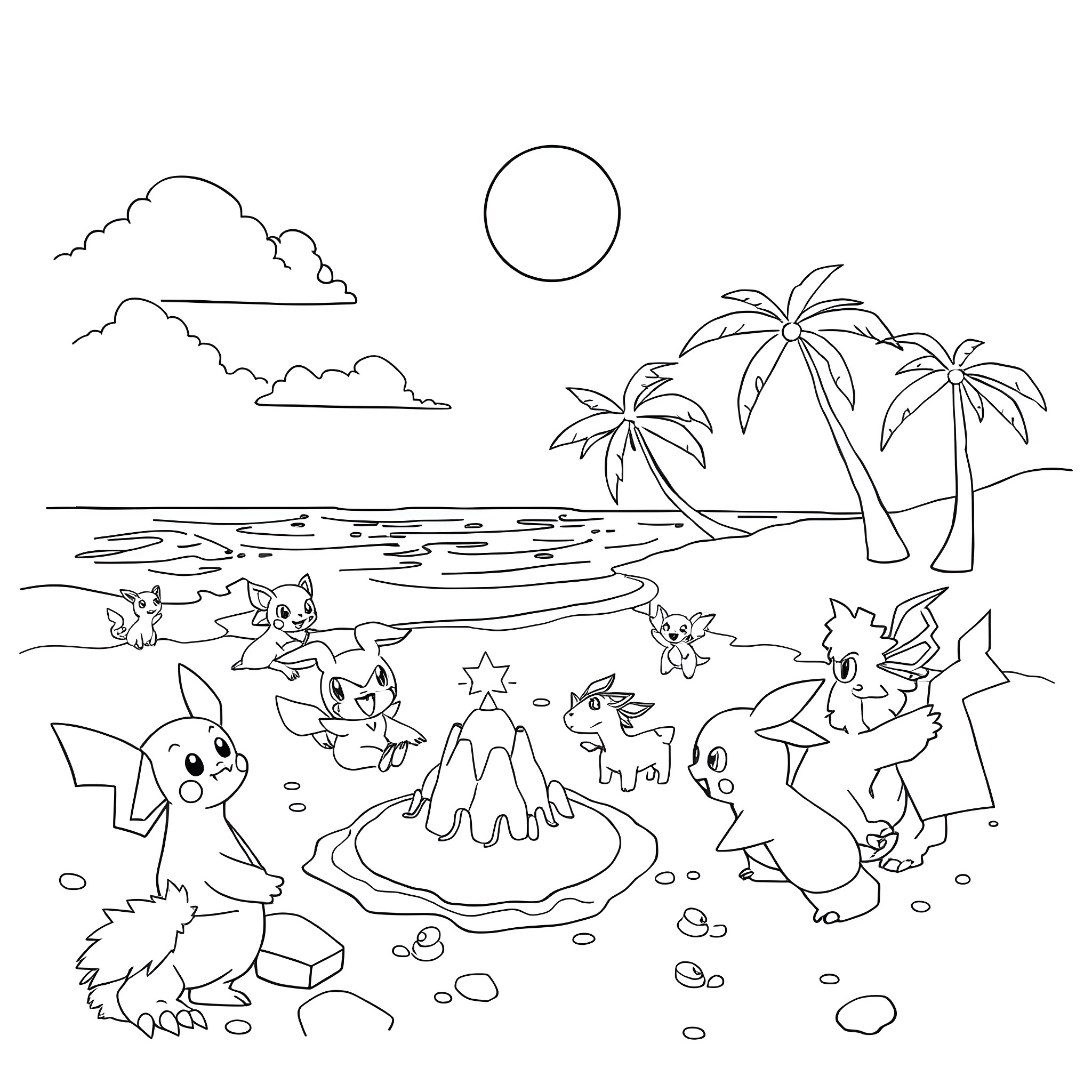 Pokémon playing on tropical beach Coloring Page (free black-and-white line drawing printable PDF for all, from beginners to advanced learners, including children, teens, adults, and seniors)