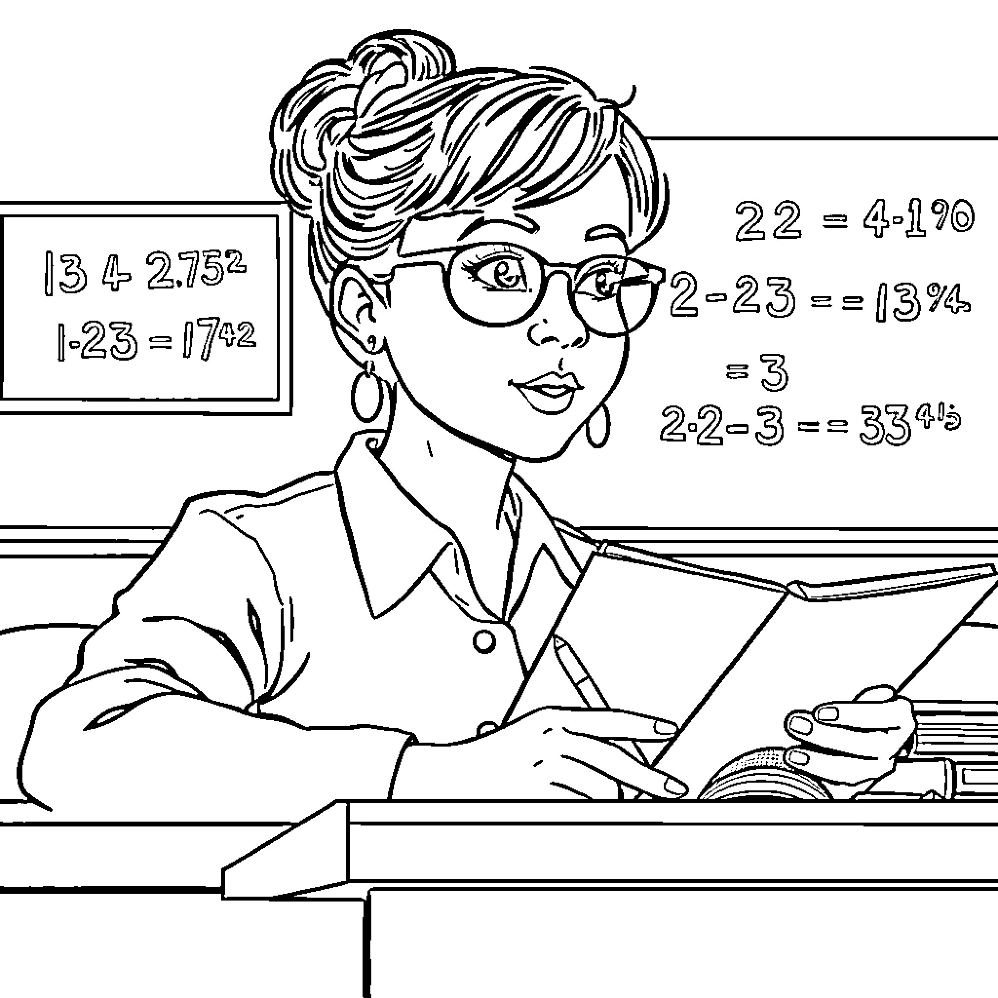 Math Teacher Solving Problems on Chalkboard Coloring Page (free black-and-white line drawing printable PDF for all, from beginners to advanced learners, including children, teens, adults, and seniors)