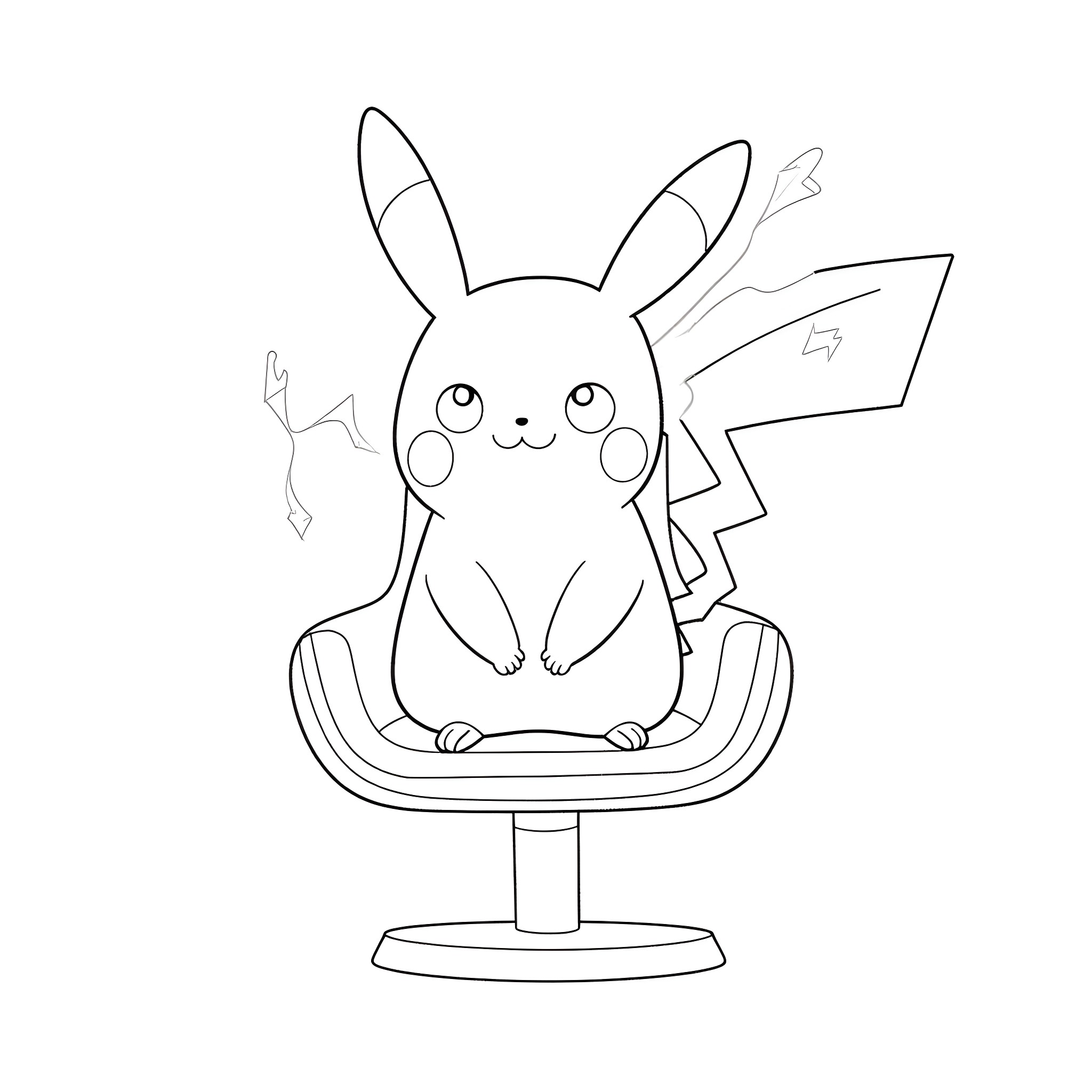 Pikachu sitting happily on a chair Coloring Page (free black-and-white line drawing printable PDF for all, from beginners to advanced learners, including children, teens, adults, and seniors)