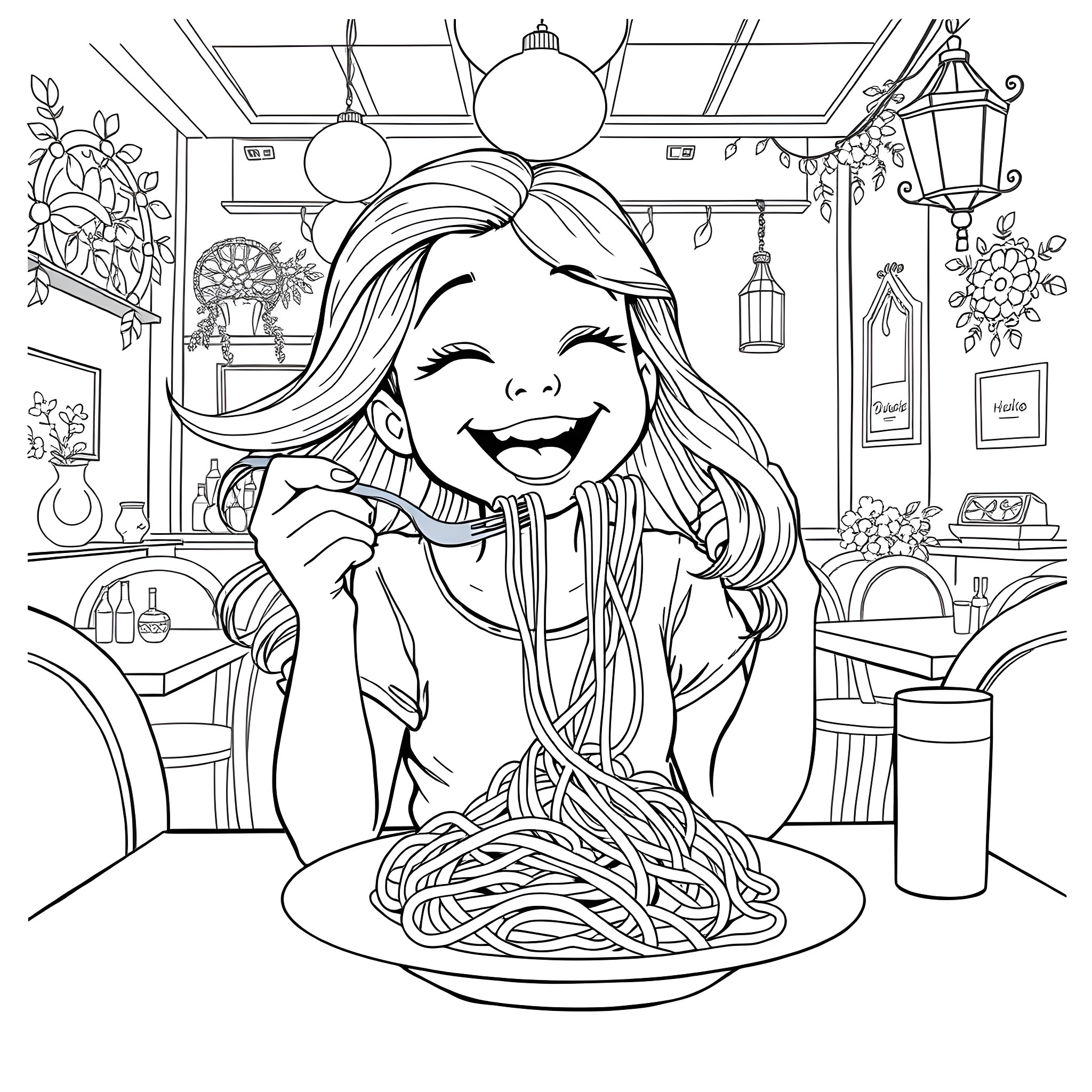 Girl enjoying a delicious meal in a cozy kitchen Coloring Page (free black-and-white line drawing printable PDF for all, from beginners to advanced learners, including children, teens, adults, and seniors)