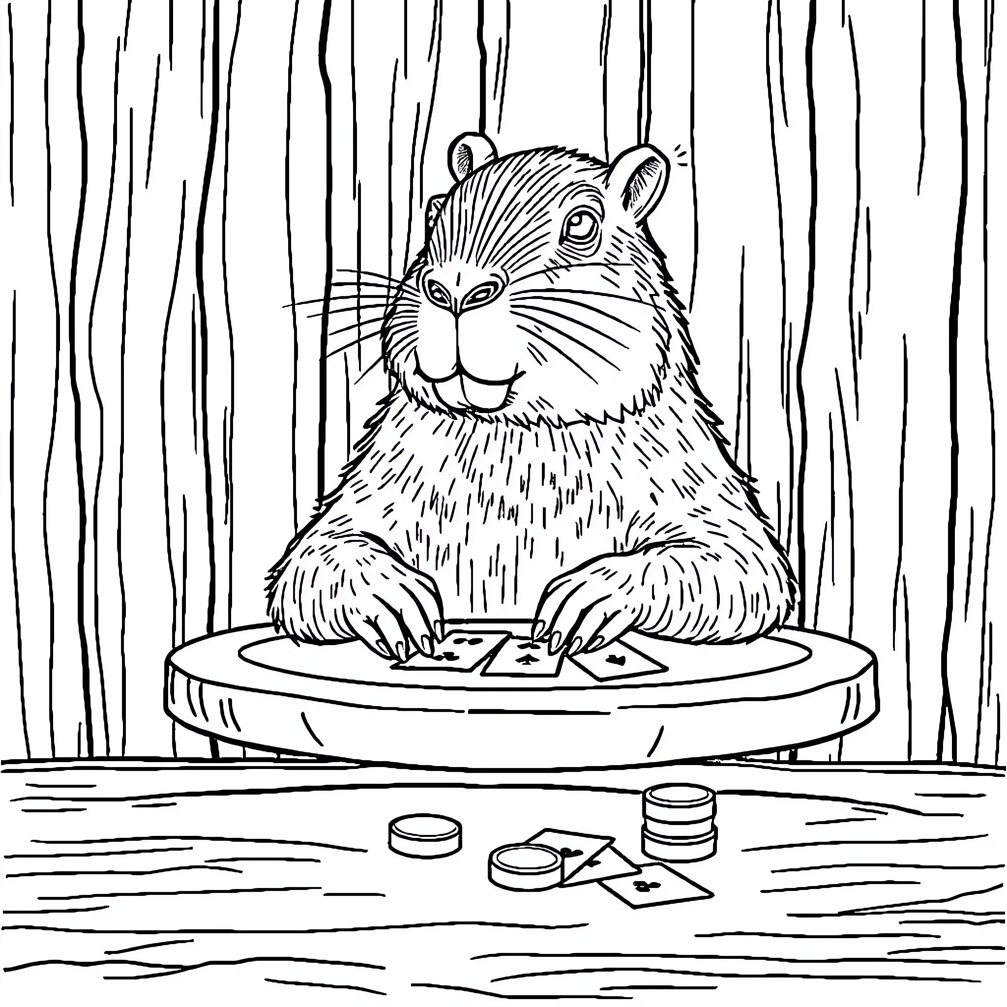 Capybara playing with toys in the wilderness Coloring Page (free black-and-white line drawing printable PDF for all, from beginners to advanced learners, including children, teens, adults, and seniors)