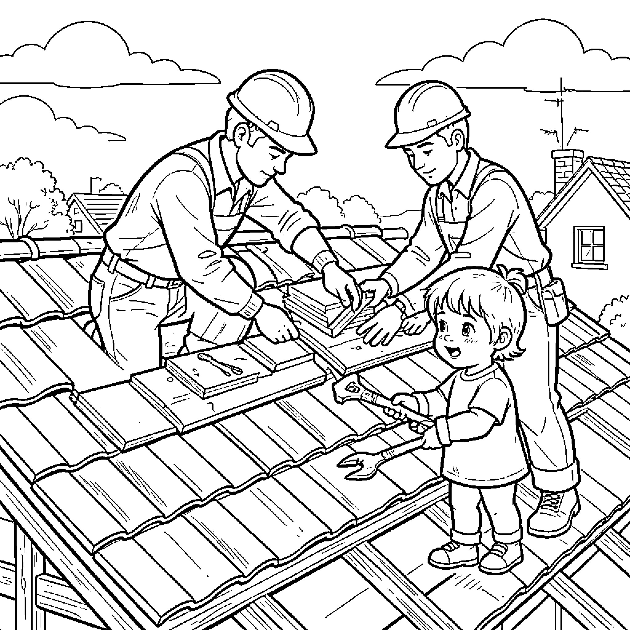 Carpenter working on a roof with a young child Coloring Page (free black-and-white line drawing printable PDF for all, from beginners to advanced learners, including children, teens, adults, and seniors)