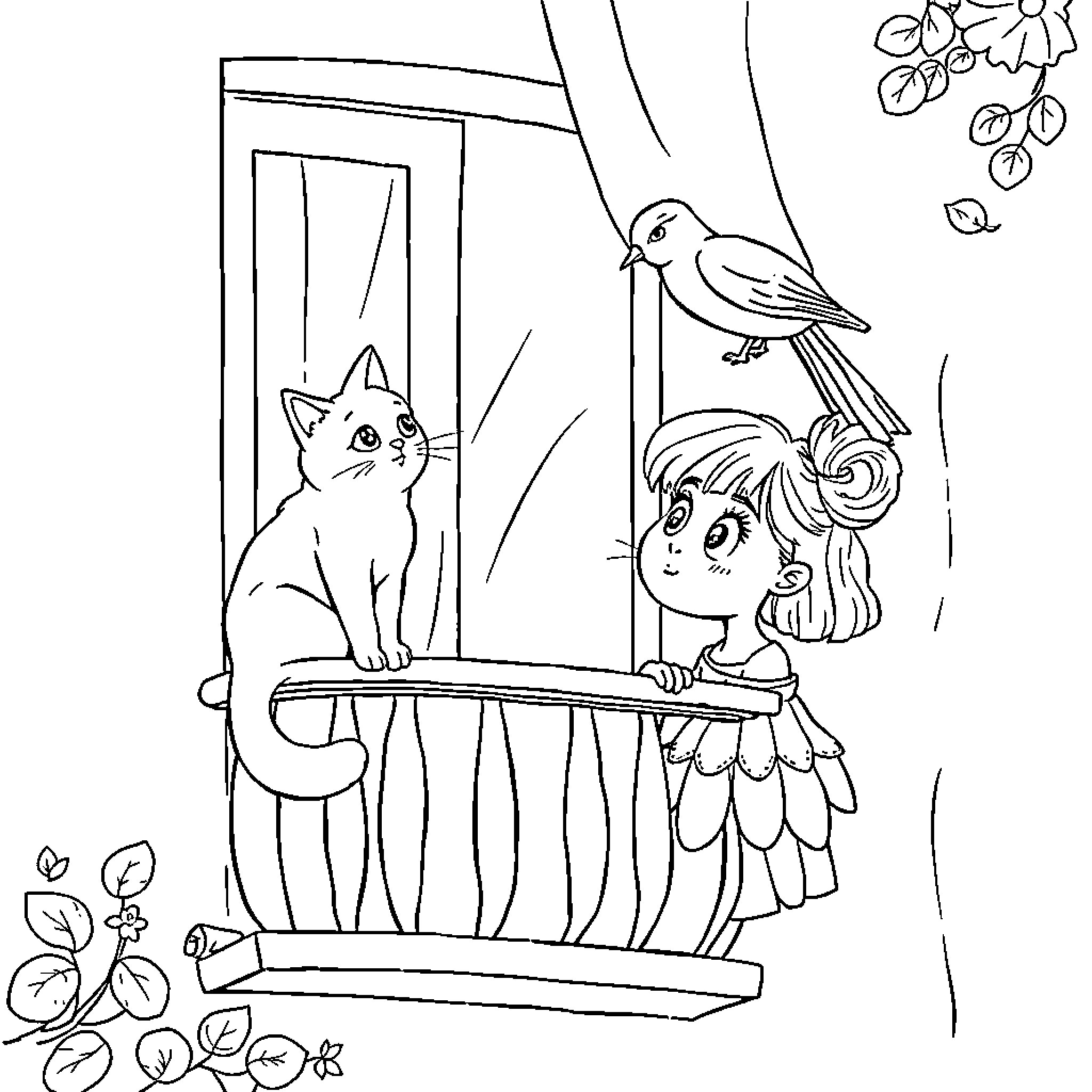 Chat with a bird on the balcony Coloring Page (free black-and-white line drawing printable PDF for all, from beginners to advanced learners, including children, teens, adults, and seniors)