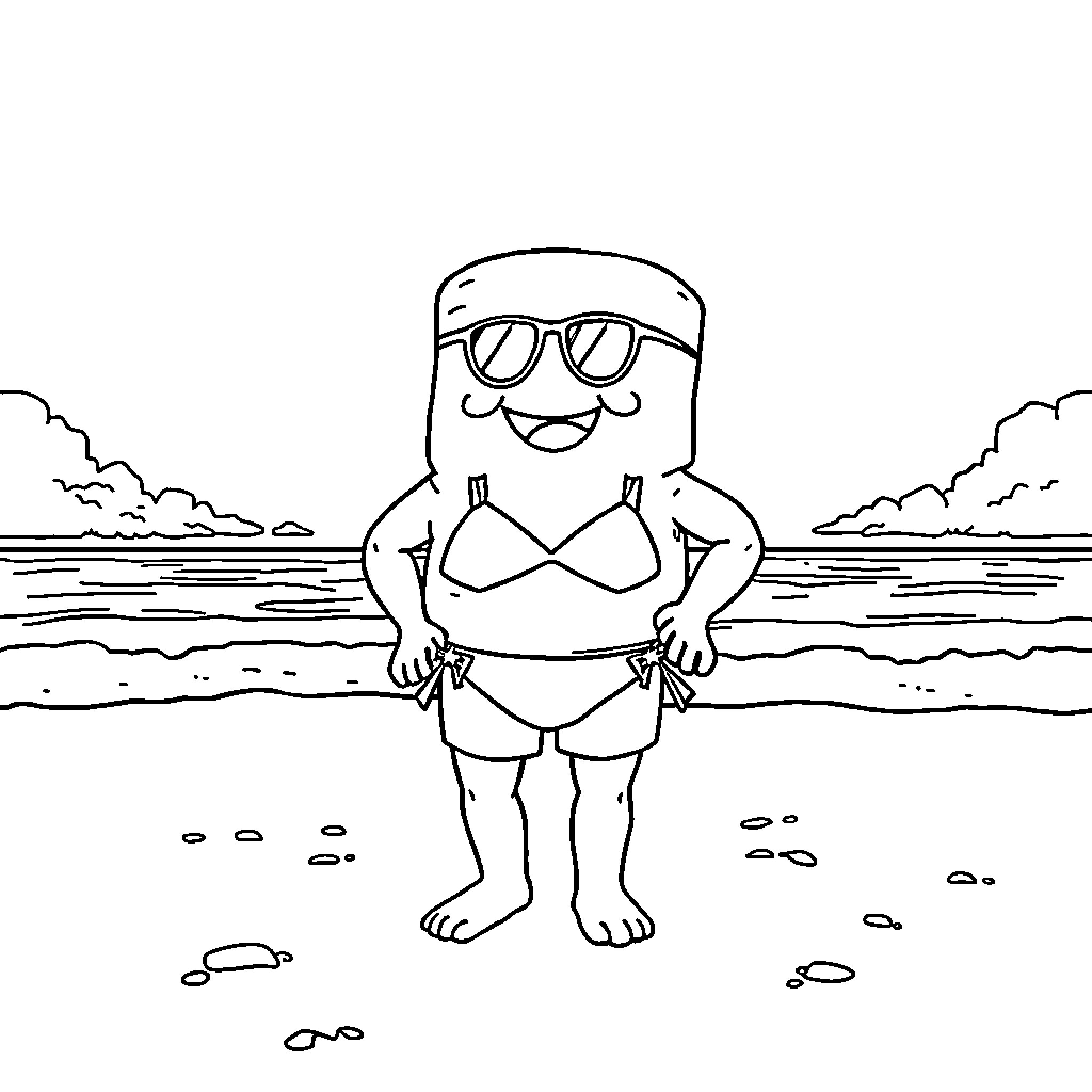 Marshmallow Man enjoying a day at the beach Coloring Page (free black-and-white line drawing printable PDF for all, from beginners to advanced learners, including children, teens, adults, and seniors)