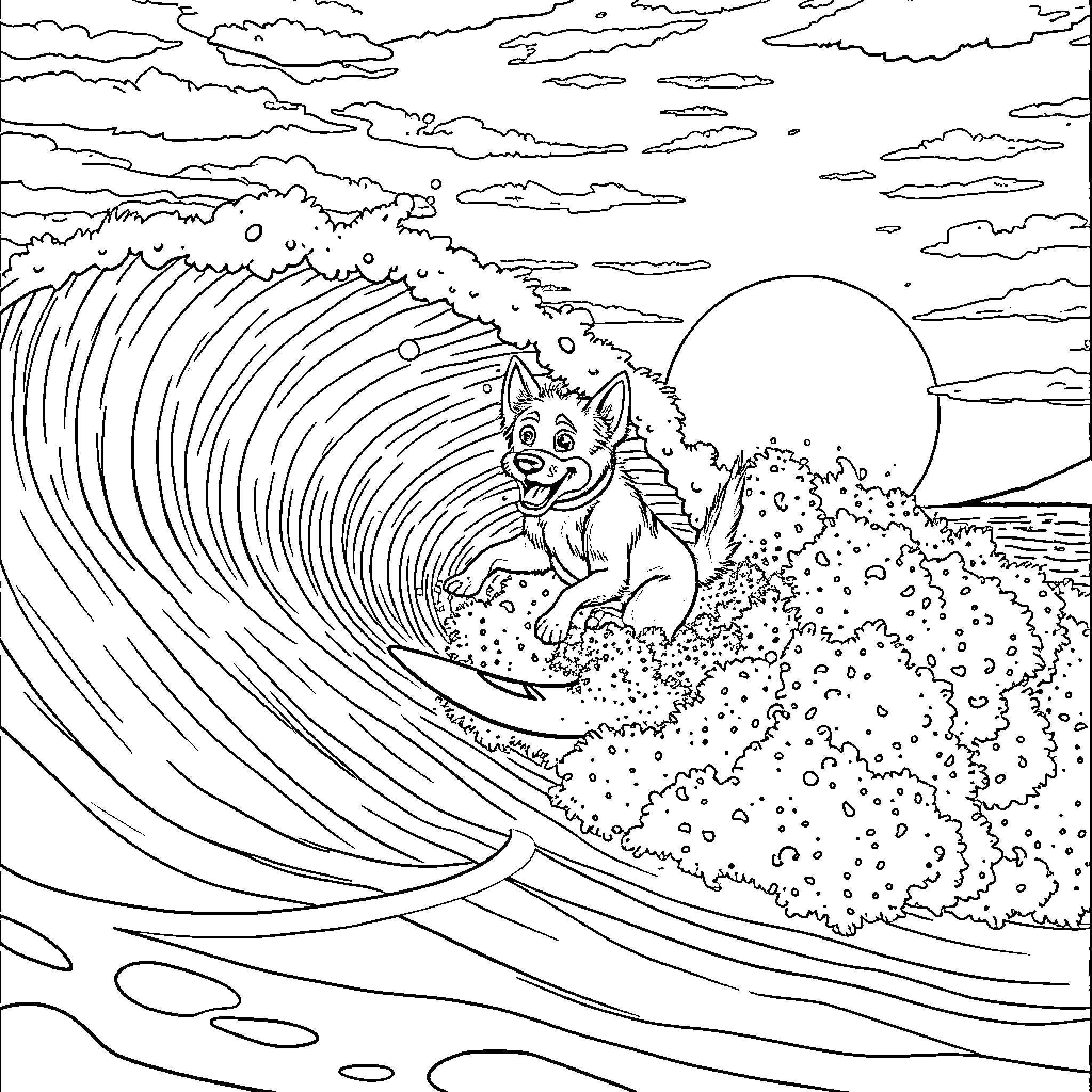 Bluey's Surfing Adventure in the Ocean Coloring Page (free black-and-white line drawing printable PDF for all, from beginners to advanced learners, including children, teens, adults, and seniors)
