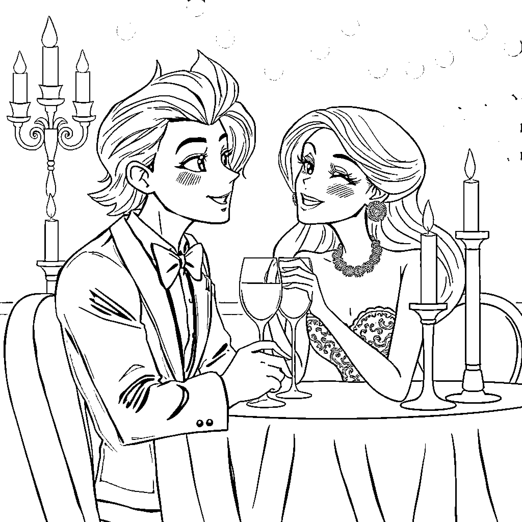 Anime Couple Sharing Romantic Dinner Together Coloring Page (free black-and-white line drawing printable PDF for all, from beginners to advanced learners, including children, teens, adults, and seniors)