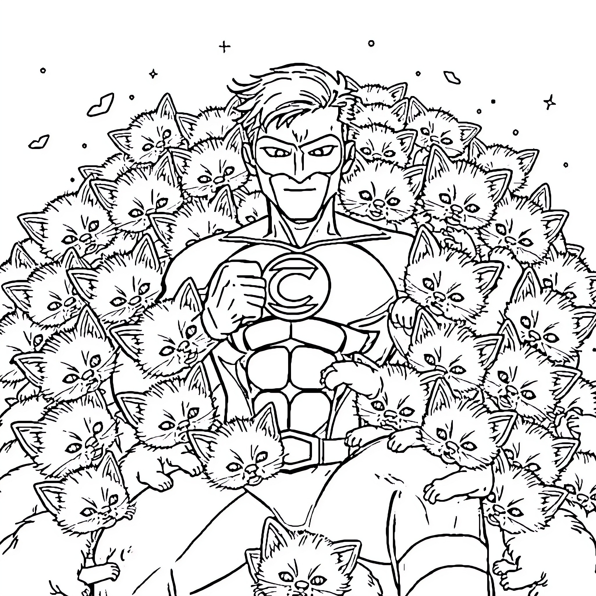 Green Lantern surrounded by playful kittens Coloring Page (free black-and-white line drawing printable PDF for all, from beginners to advanced learners, including children, teens, adults, and seniors)