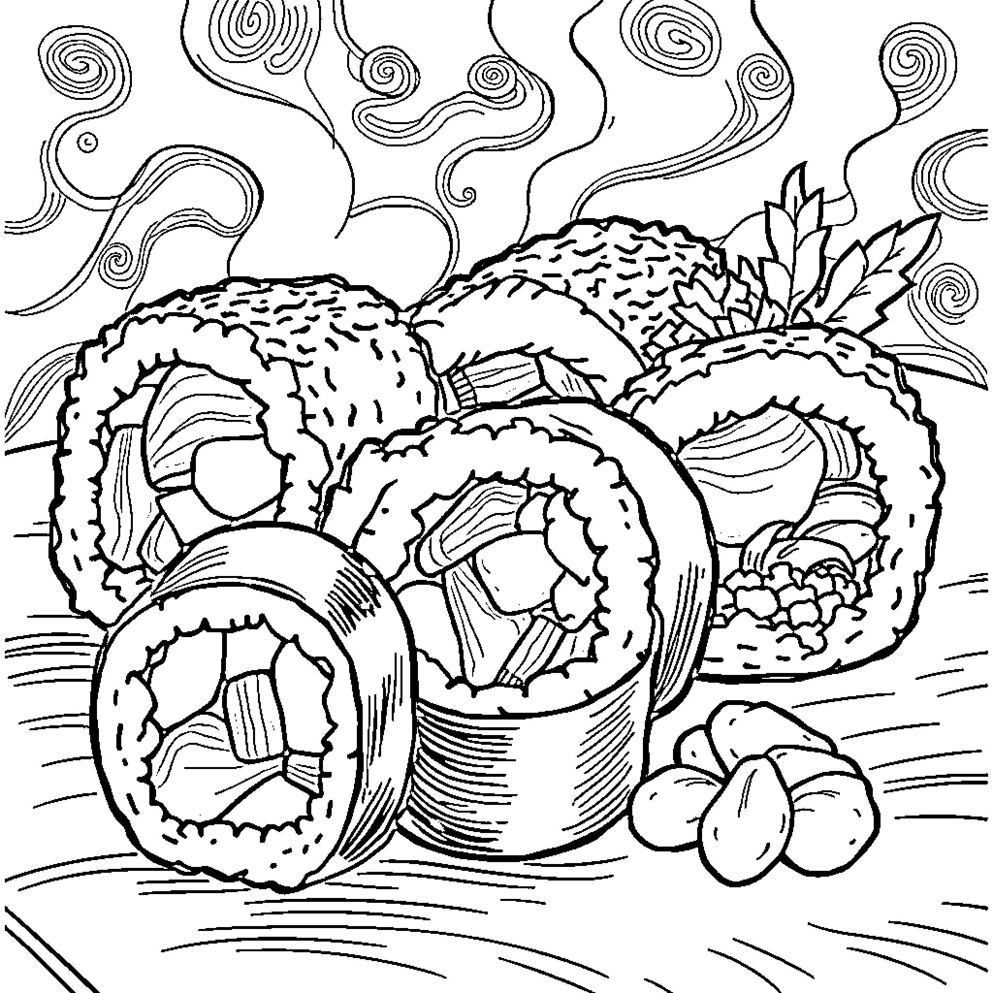 Sushi feast with vibrant details Coloring Page (free black-and-white line drawing printable PDF for all, from beginners to advanced learners, including children, teens, adults, and seniors)