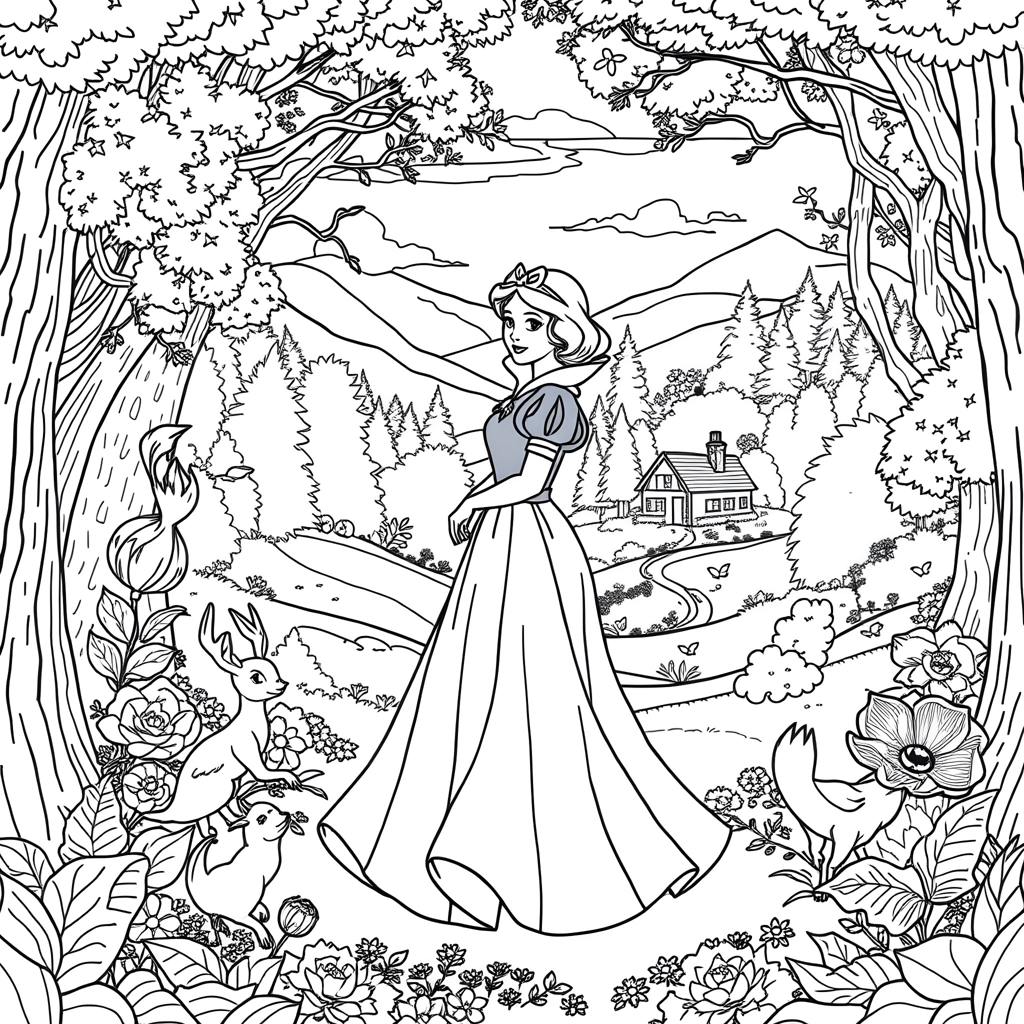 Snow White in a Magical Forest Landscape Coloring Page (free black-and-white line drawing printable PDF for all, from beginners to advanced learners, including children, teens, adults, and seniors)
