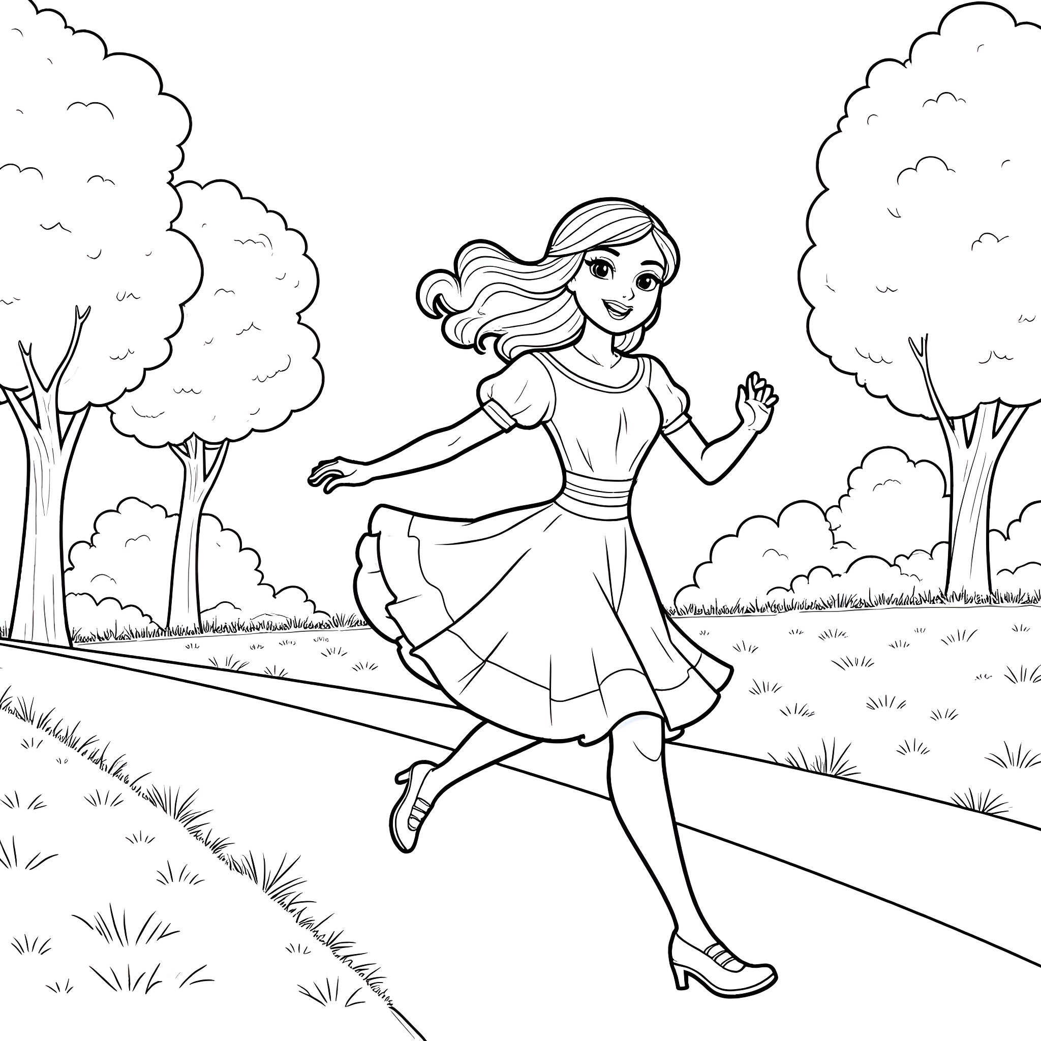 Aurora Dances Joyfully Through Enchanted Meadow Coloring Page (free black-and-white line drawing printable PDF for all, from beginners to advanced learners, including children, teens, adults, and seniors)