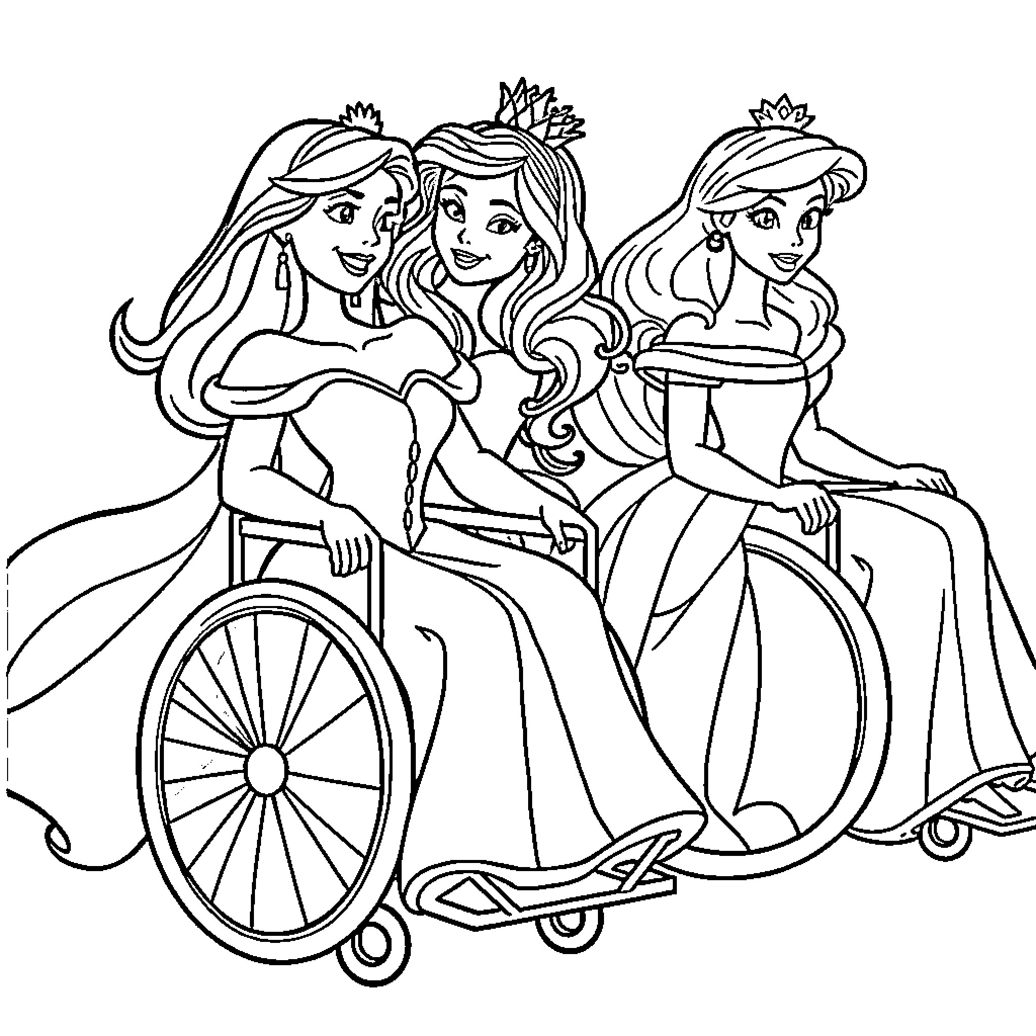 Princess Friends Sharing a Joyous Moment Coloring Page (free black-and-white line drawing printable PDF for all, from beginners to advanced learners, including children, teens, adults, and seniors)