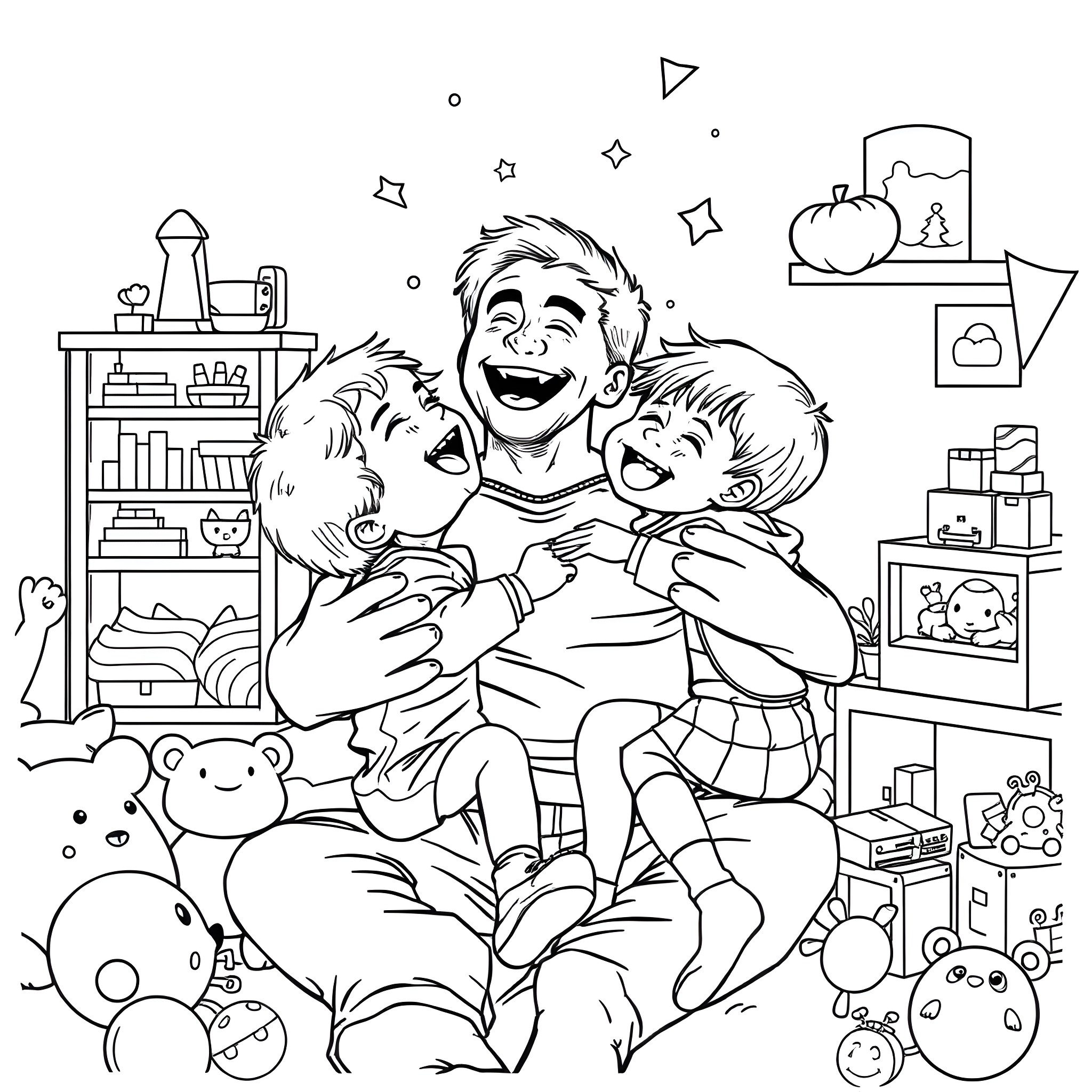 Dad embracing joyful children in cozy home Coloring Page (free black-and-white line drawing printable PDF for all, from beginners to advanced learners, including children, teens, adults, and seniors)