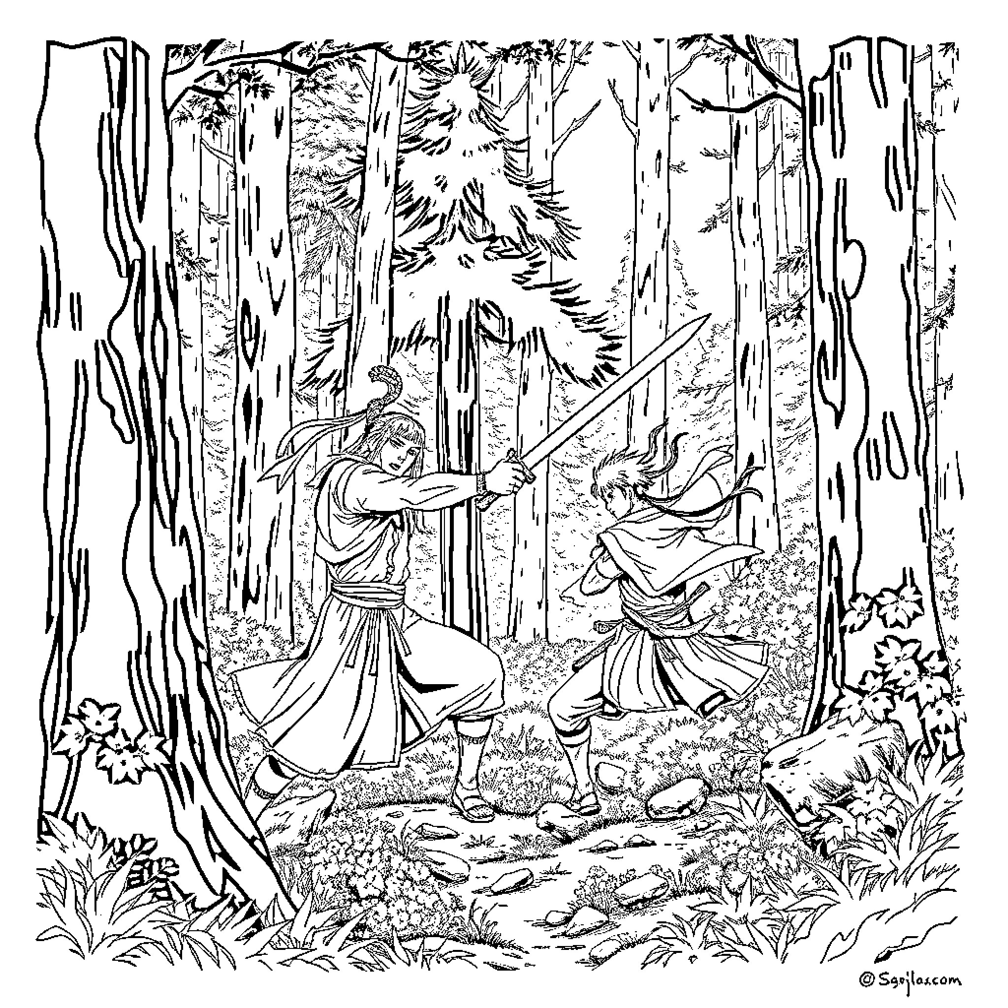 Demon Slayer Engaging in Battle in Mystic Forest Coloring Page (free black-and-white line drawing printable PDF for all, from beginners to advanced learners, including children, teens, adults, and seniors)