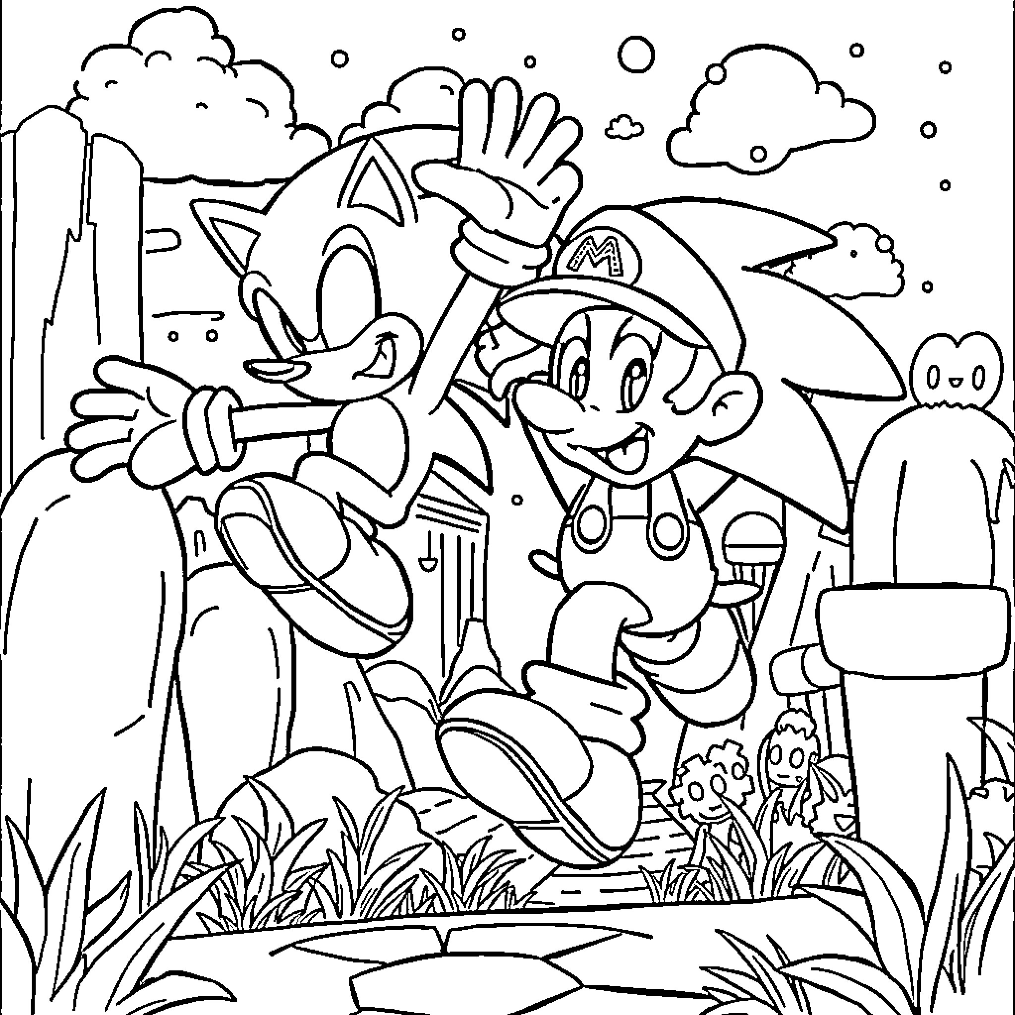 Sonic and Mario enjoying a playful adventure outdoors Coloring Page (free black-and-white line drawing printable PDF for all, from beginners to advanced learners, including children, teens, adults, and seniors)