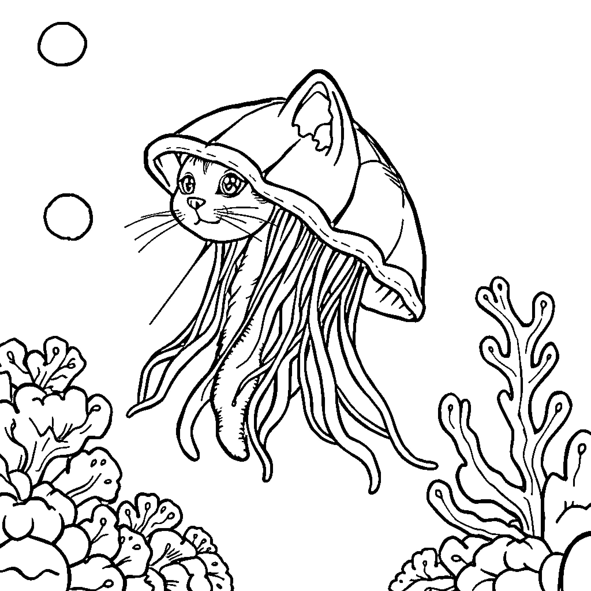 Jellycat swimming gracefully among coral reefs Coloring Page (free black-and-white line drawing printable PDF for all, from beginners to advanced learners, including children, teens, adults, and seniors)