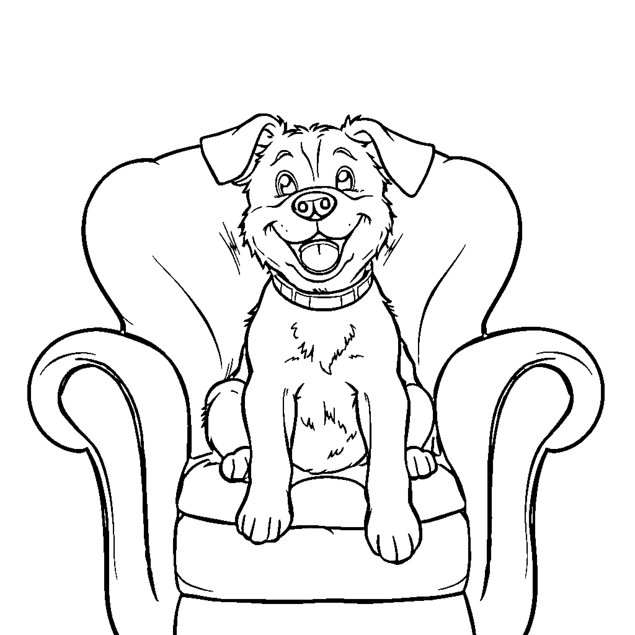 Dog happily sitting on chair Coloring Page (free black-and-white line drawing printable PDF for all, from beginners to advanced learners, including children, teens, adults, and seniors)