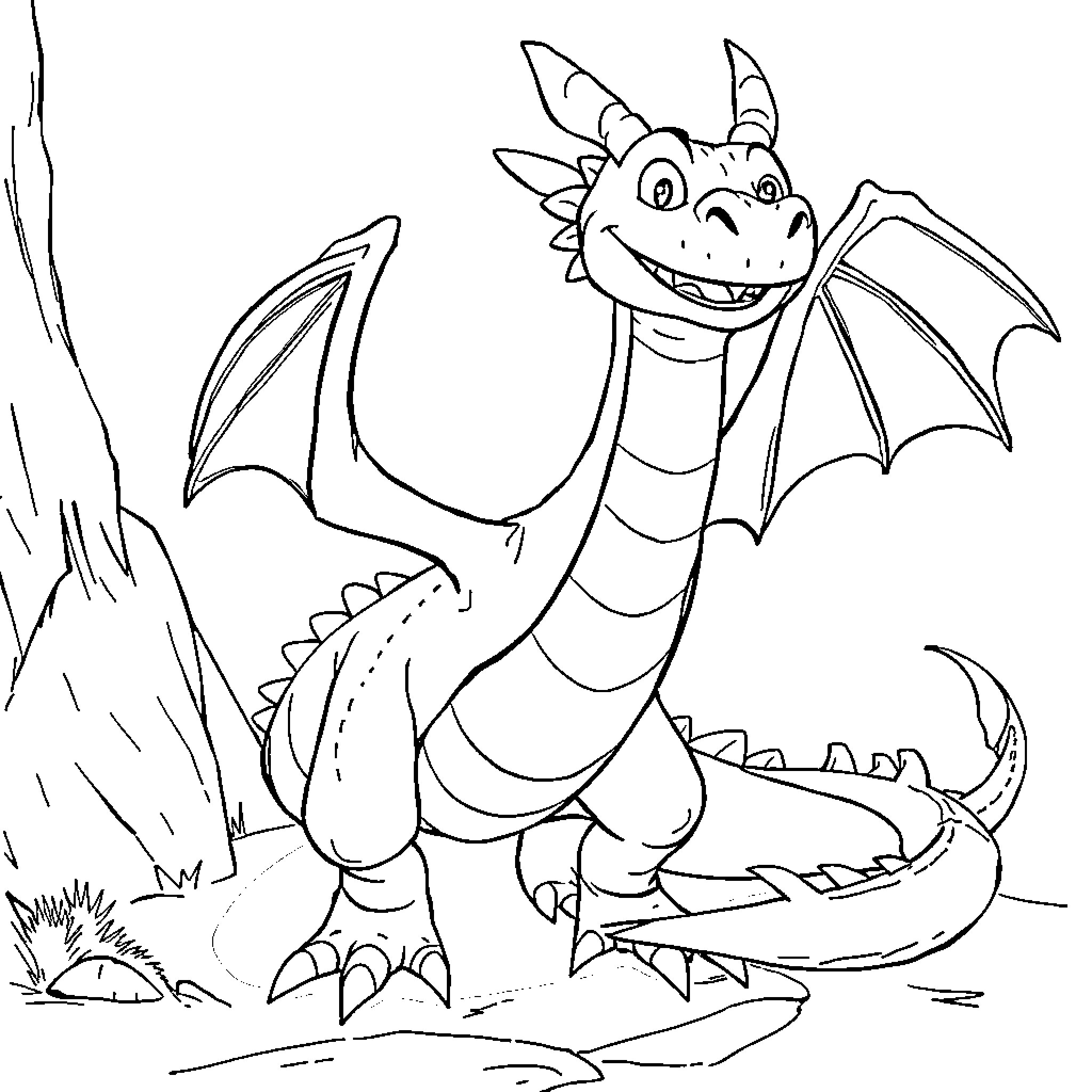 Dragon smiling and stretching its wings Coloring Page (free black-and-white line drawing printable PDF for all, from beginners to advanced learners, including children, teens, adults, and seniors)