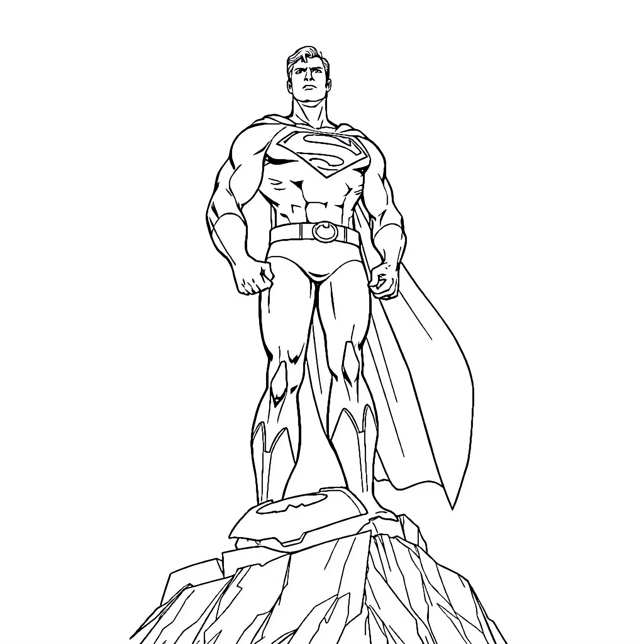 Superman standing heroically on a rocky outcrop Coloring Page (free black-and-white line drawing printable PDF for all, from beginners to advanced learners, including children, teens, adults, and seniors)
