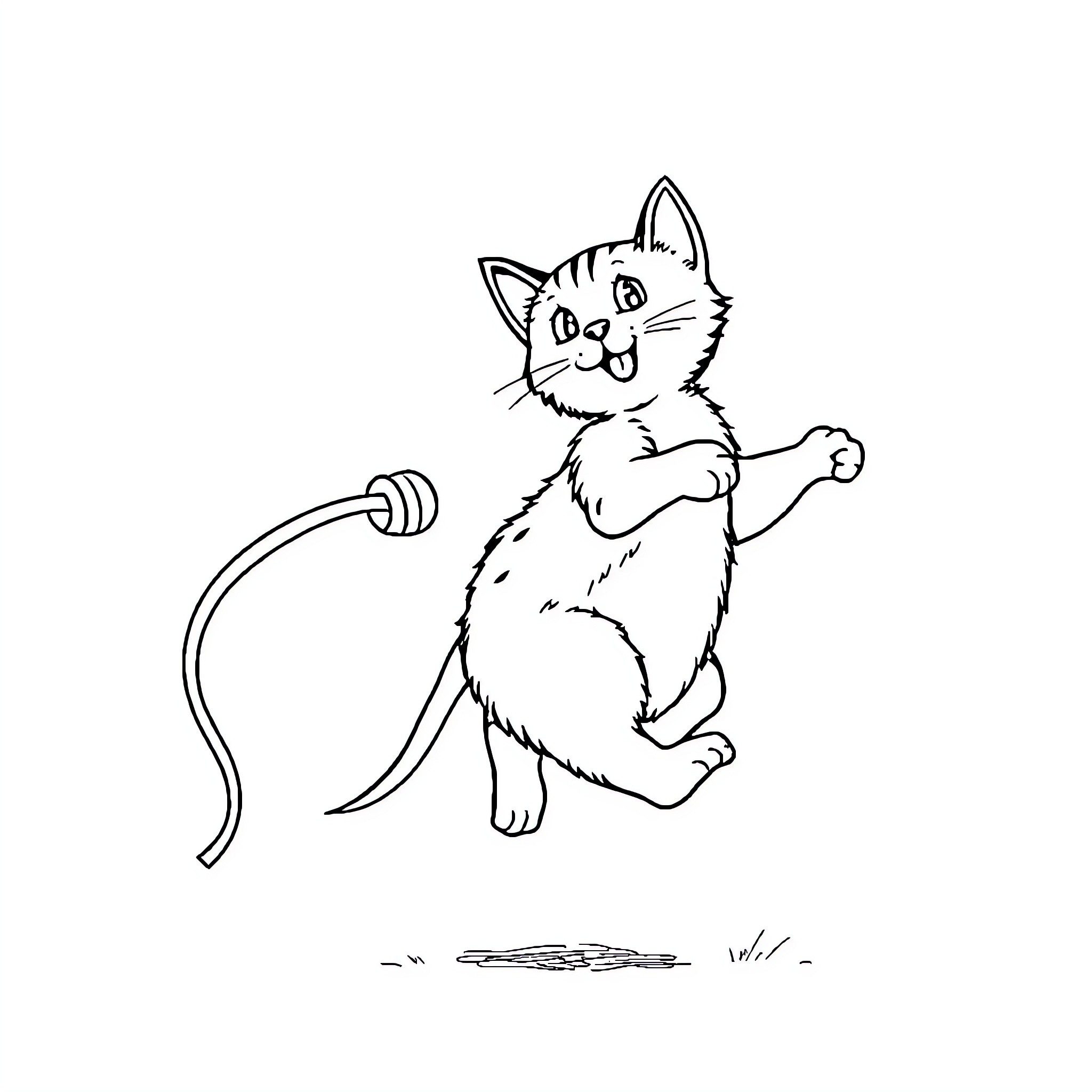 Cat playing with toy on the floor Coloring Page (free black-and-white line drawing printable PDF for all, from beginners to advanced learners, including children, teens, adults, and seniors)