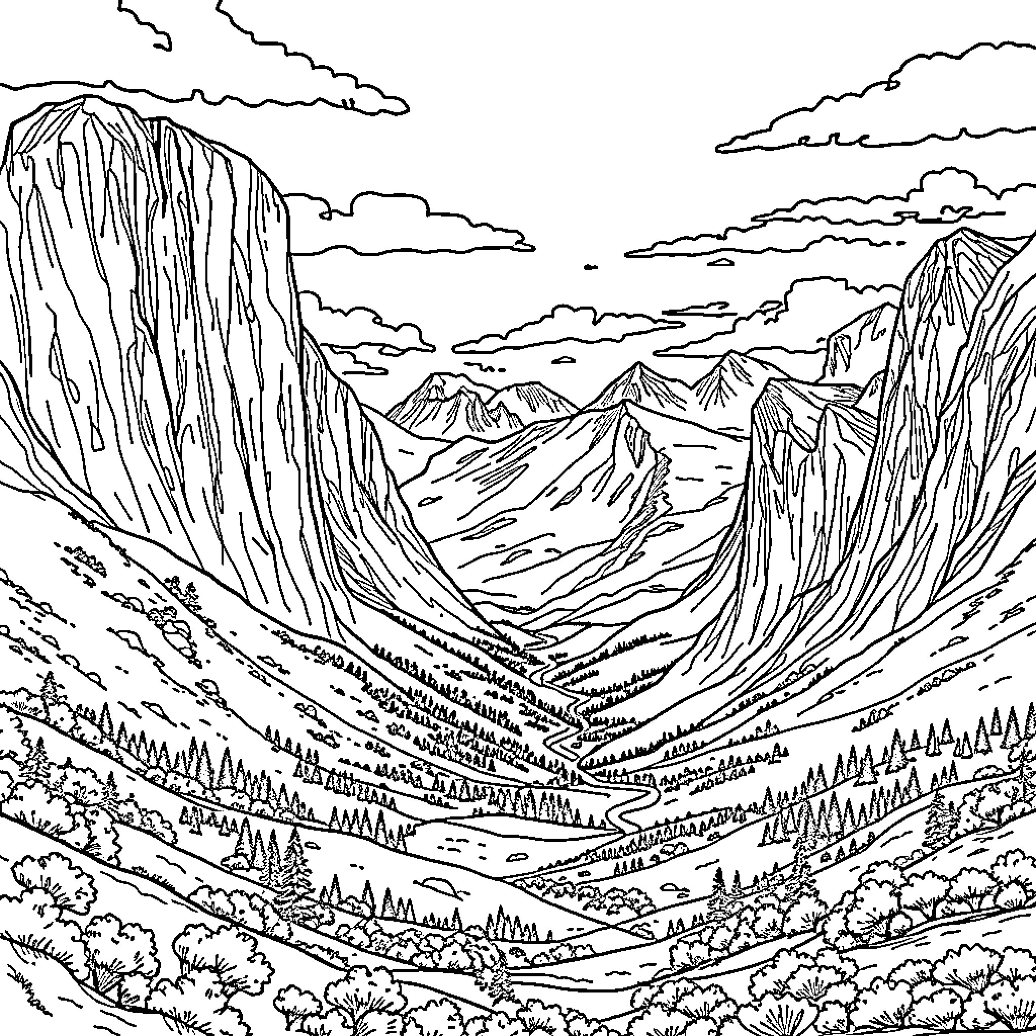 Valley of majestic mountains and tranquil landscapes Coloring Page (free black-and-white line drawing printable PDF for all, from beginners to advanced learners, including children, teens, adults, and seniors)