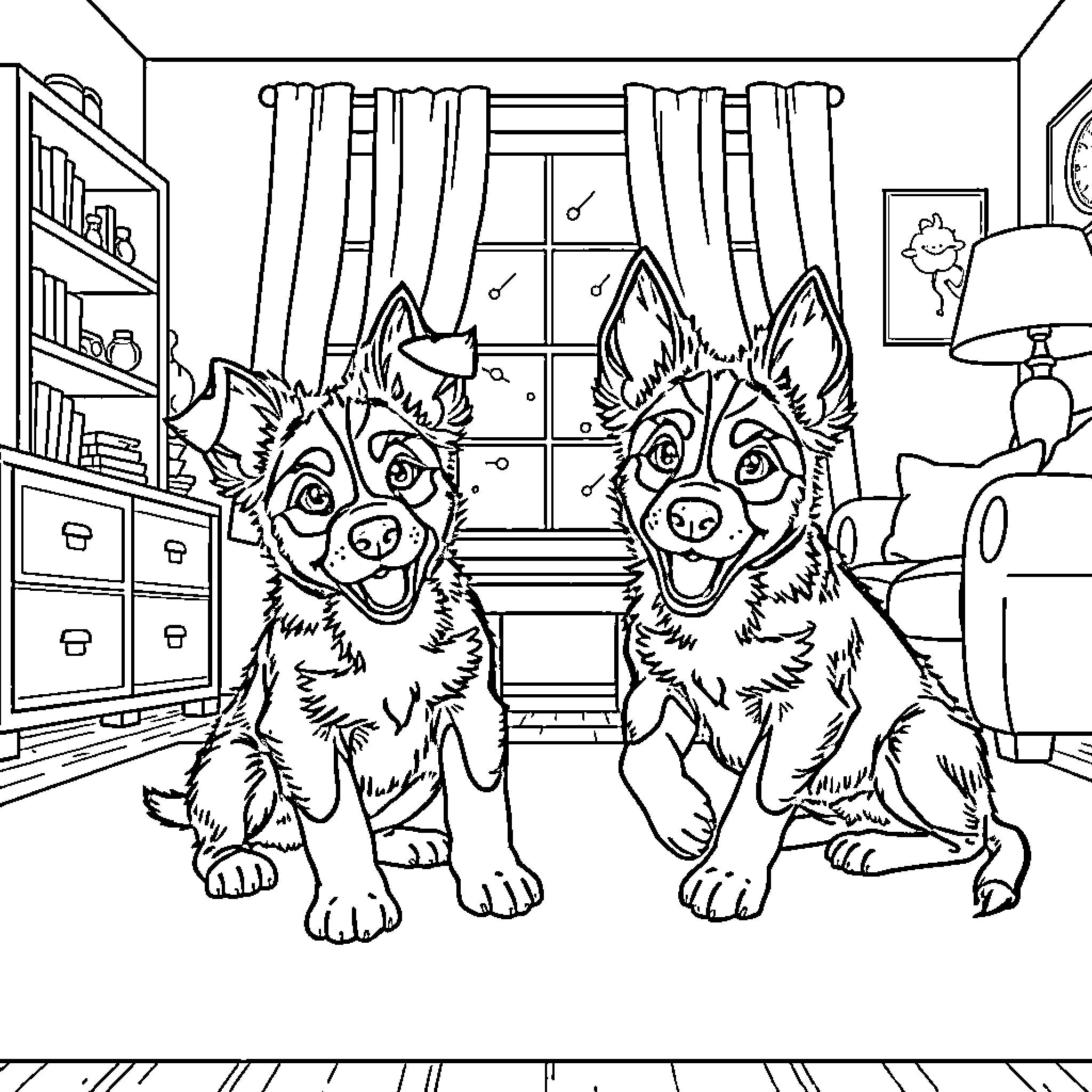 Bluey's Playful Pups in Cozy Room Coloring Page (free black-and-white line drawing printable PDF for all, from beginners to advanced learners, including children, teens, adults, and seniors)