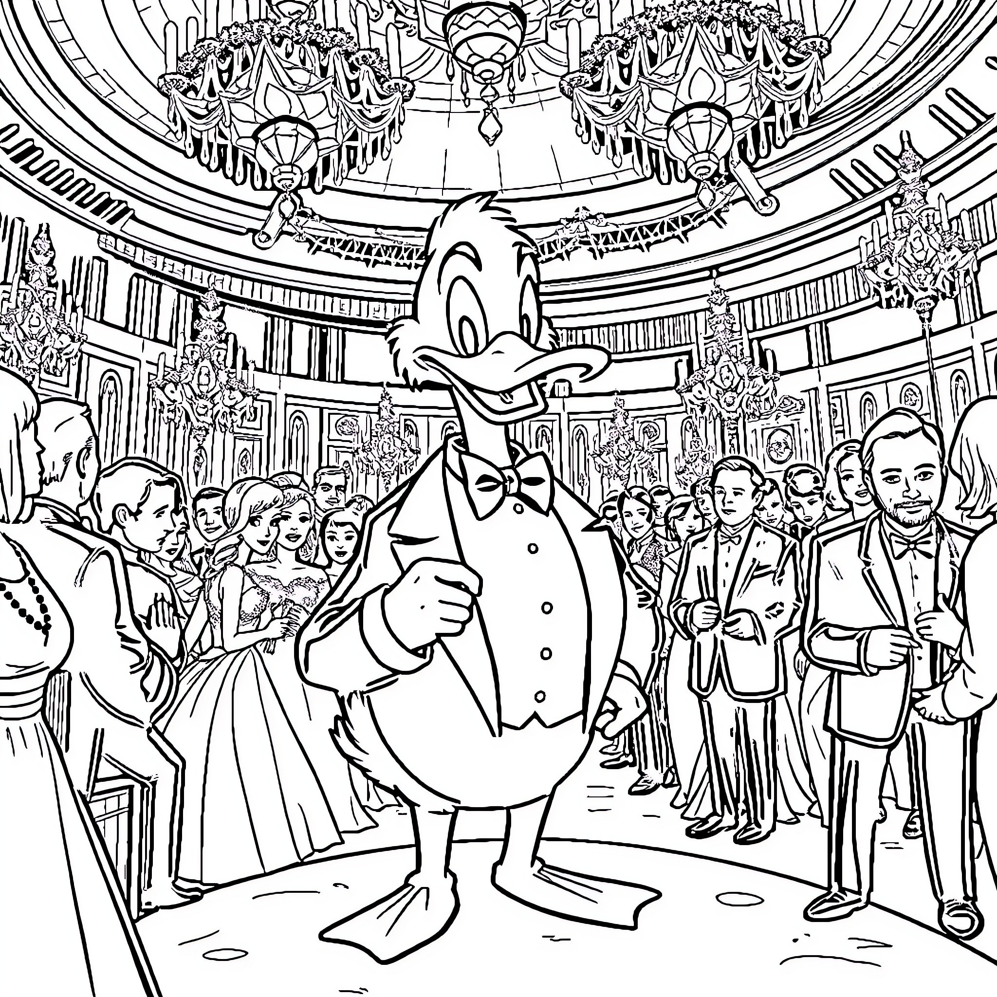 Duck enjoying a formal event with guests Coloring Page (free black-and-white line drawing printable PDF for all, from beginners to advanced learners, including children, teens, adults, and seniors)