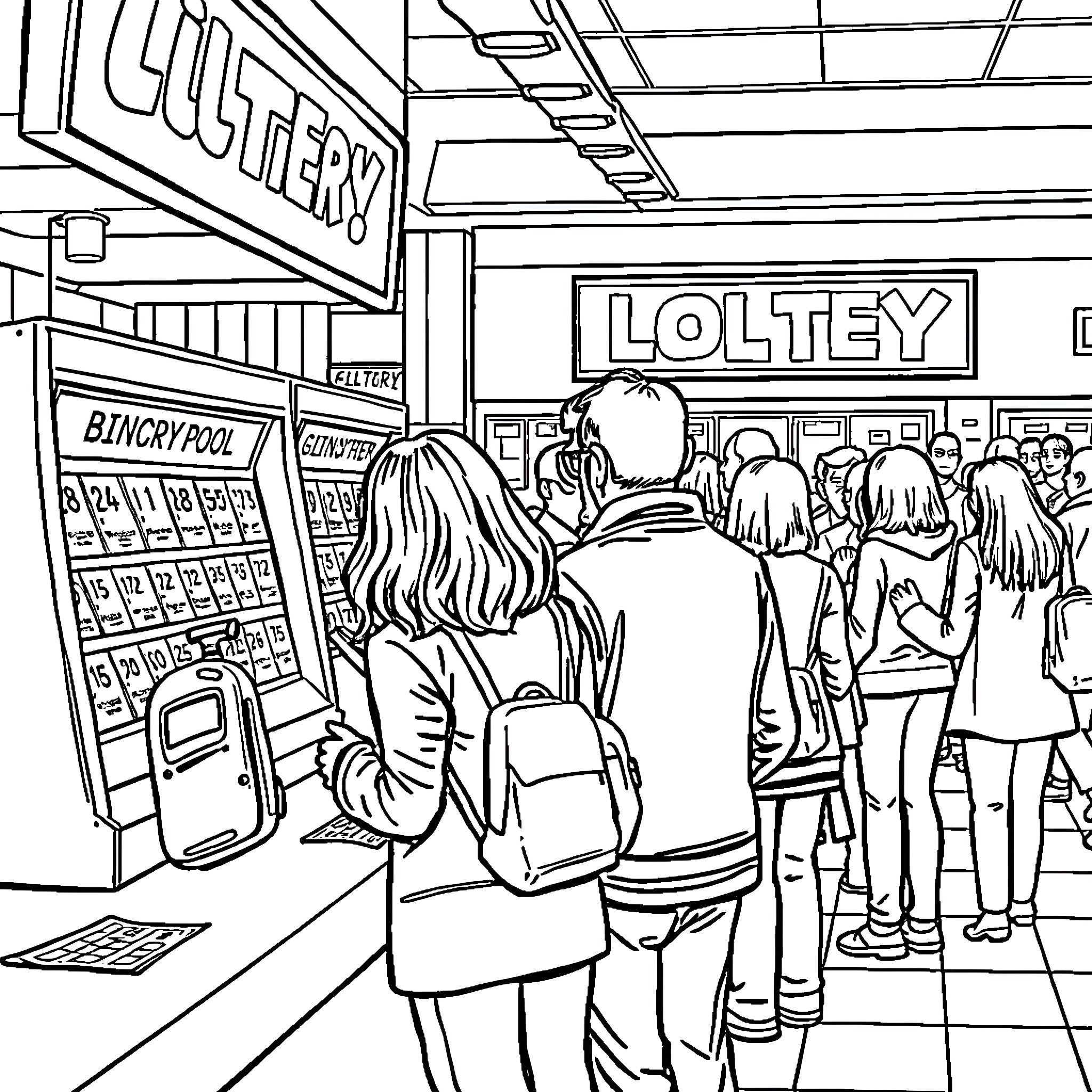 Pool Crowd at Loltery Convenience Store Coloring Page (free black-and-white line drawing printable PDF for all, from beginners to advanced learners, including children, teens, adults, and seniors)