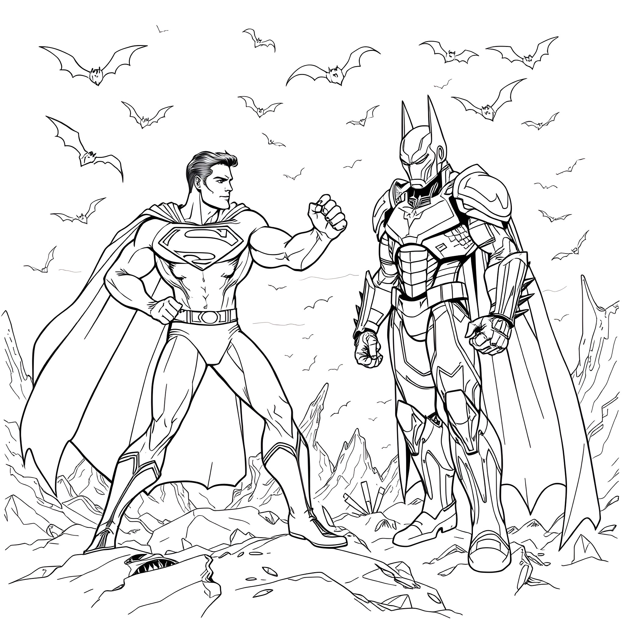 Superman and Batman standing in heroic poses Coloring Page (free black-and-white line drawing printable PDF for all, from beginners to advanced learners, including children, teens, adults, and seniors)