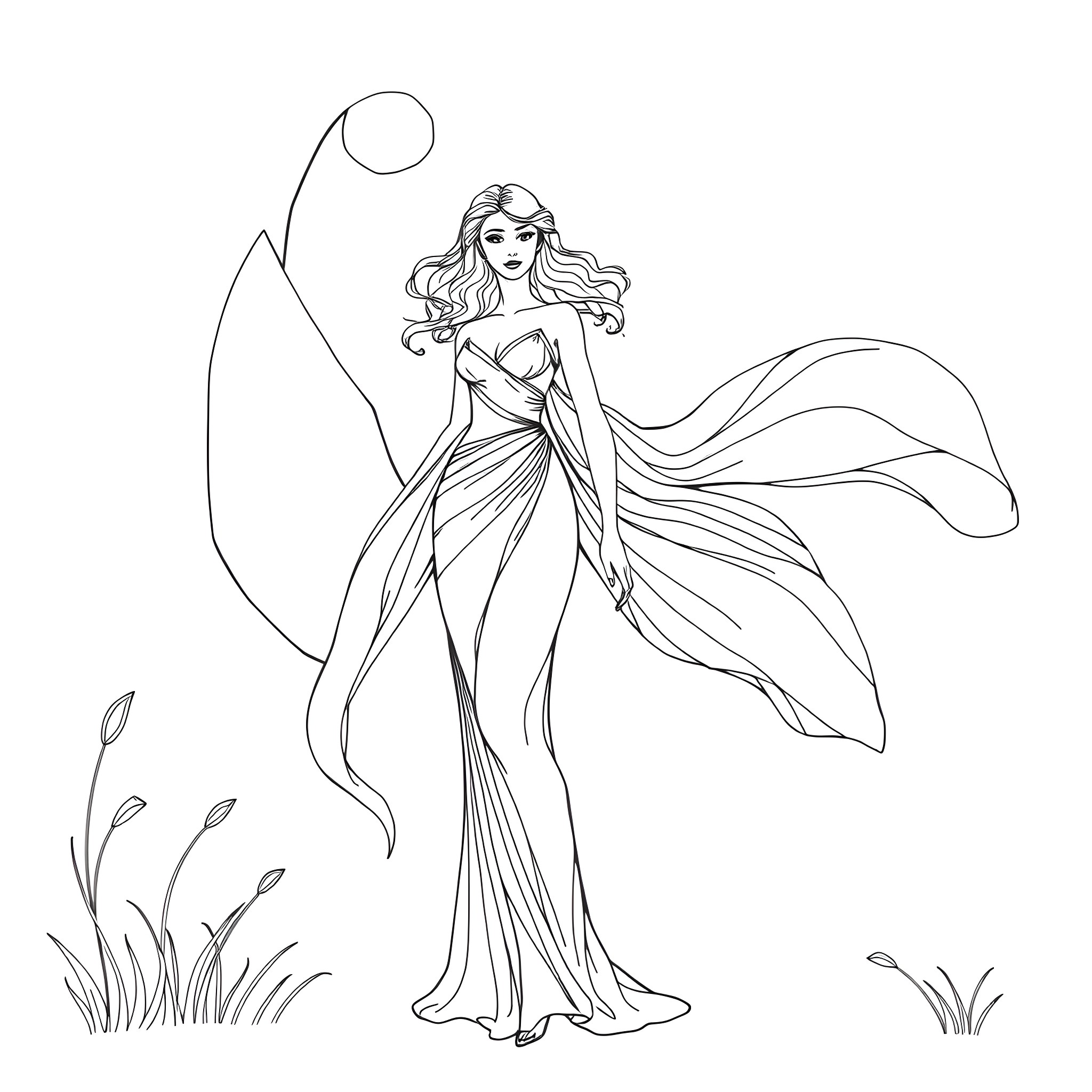 Woman in elegant flowing dress posing in nature Coloring Page (free black-and-white line drawing printable PDF for all, from beginners to advanced learners, including children, teens, adults, and seniors)
