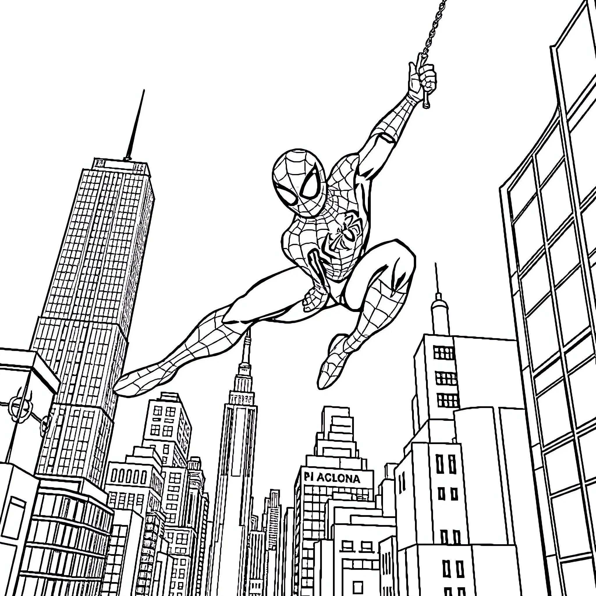 Spider-Man swinging through the city skyline Coloring Page (free black-and-white line drawing printable PDF for all, from beginners to advanced learners, including children, teens, adults, and seniors)