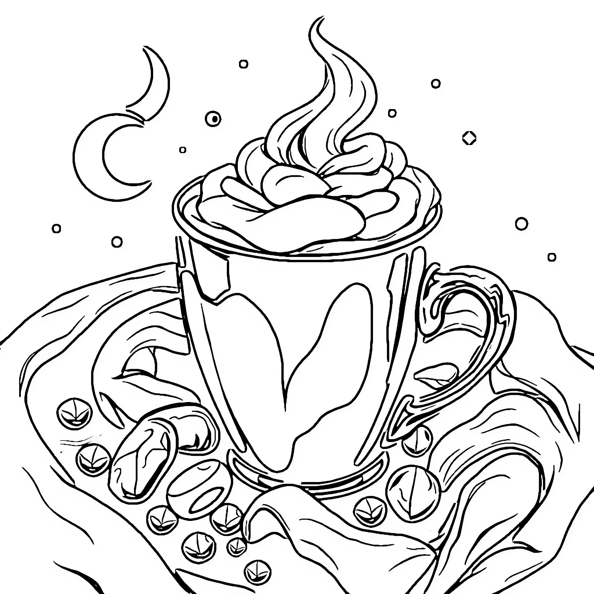 Capuchin Monk Sipping Warm Beverage on a Starry Night Coloring Page (free black-and-white line drawing printable PDF for all, from beginners to advanced learners, including children, teens, adults, and seniors)