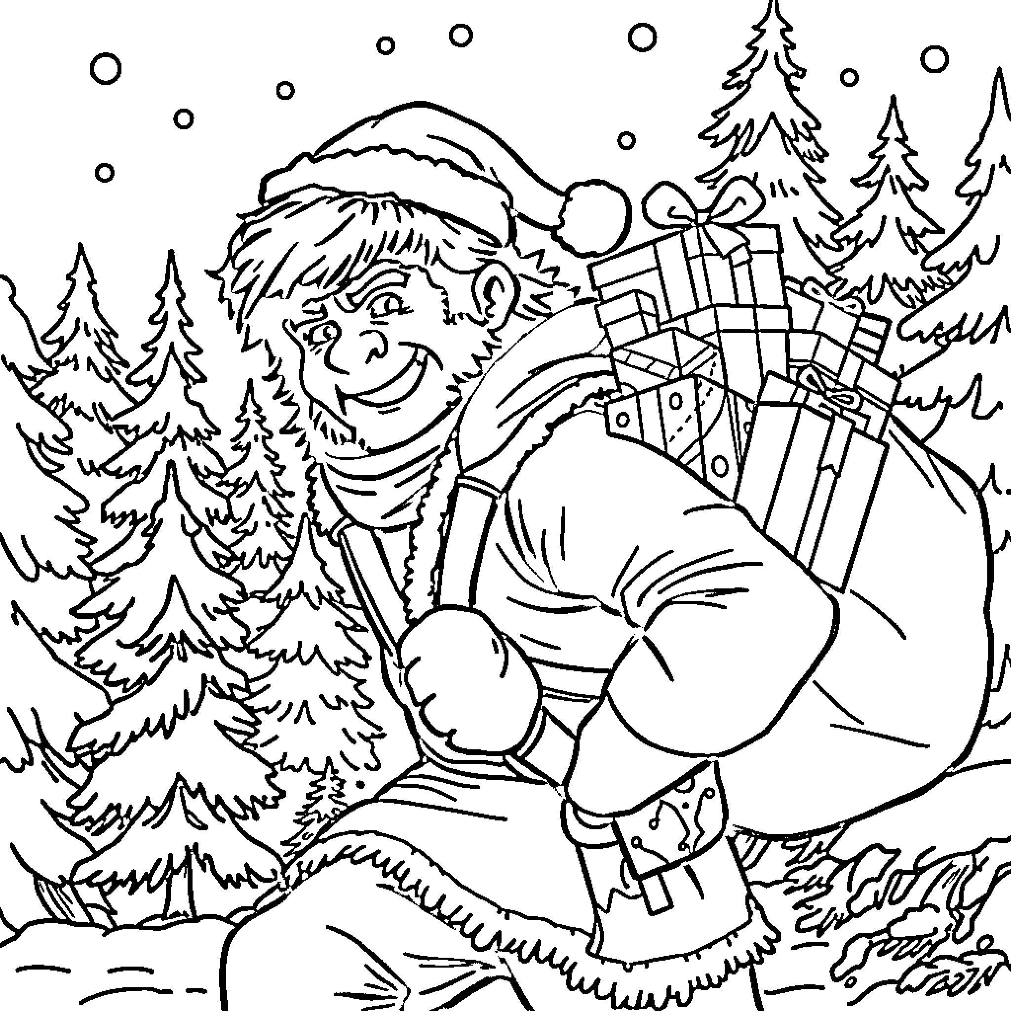 Rambo in Winter Wonderland with Gifts Coloring Page (free black-and-white line drawing printable PDF for all, from beginners to advanced learners, including children, teens, adults, and seniors)