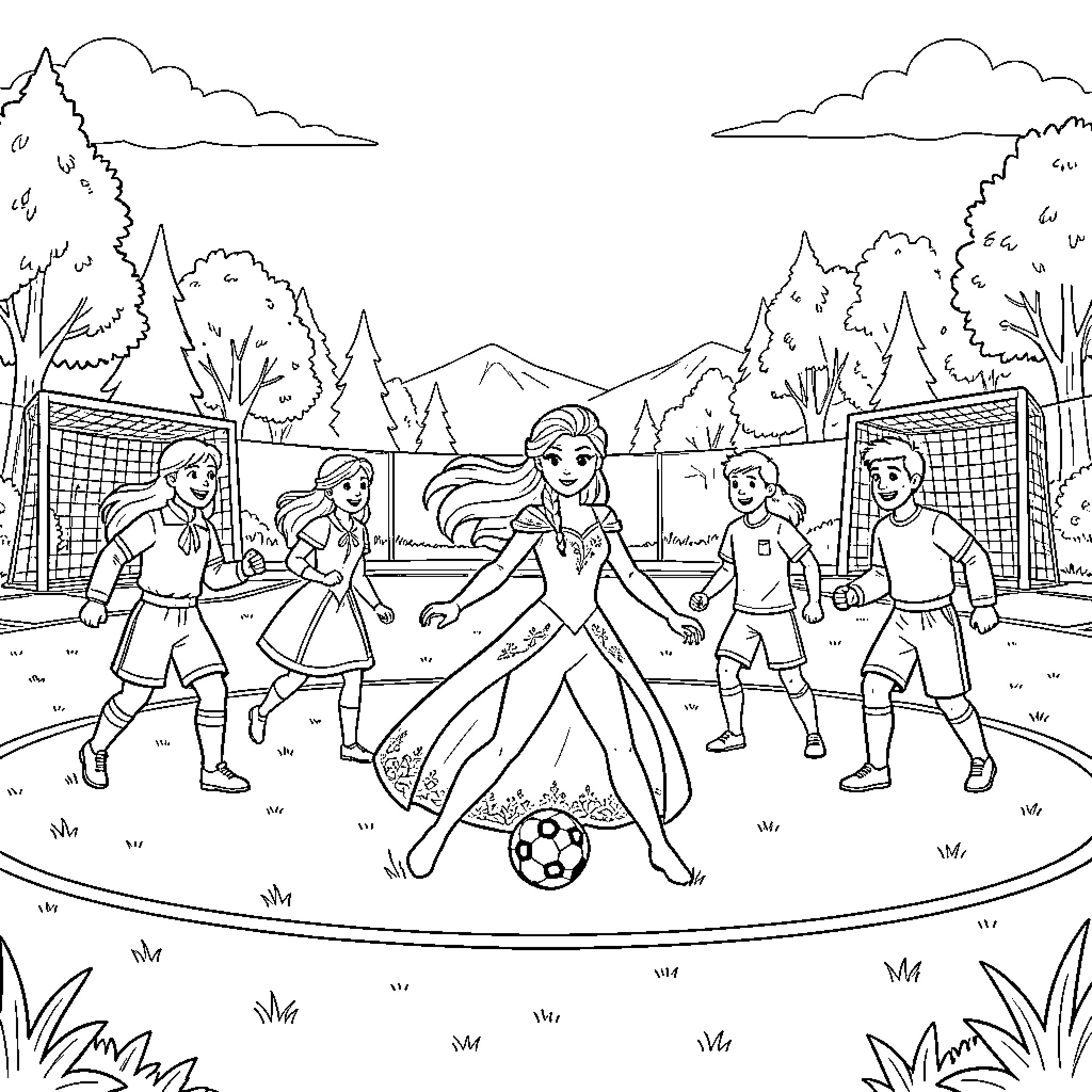 Frozen Queen playing soccer with friends in a field Coloring Page (free black-and-white line drawing printable PDF for all, from beginners to advanced learners, including children, teens, adults, and seniors)