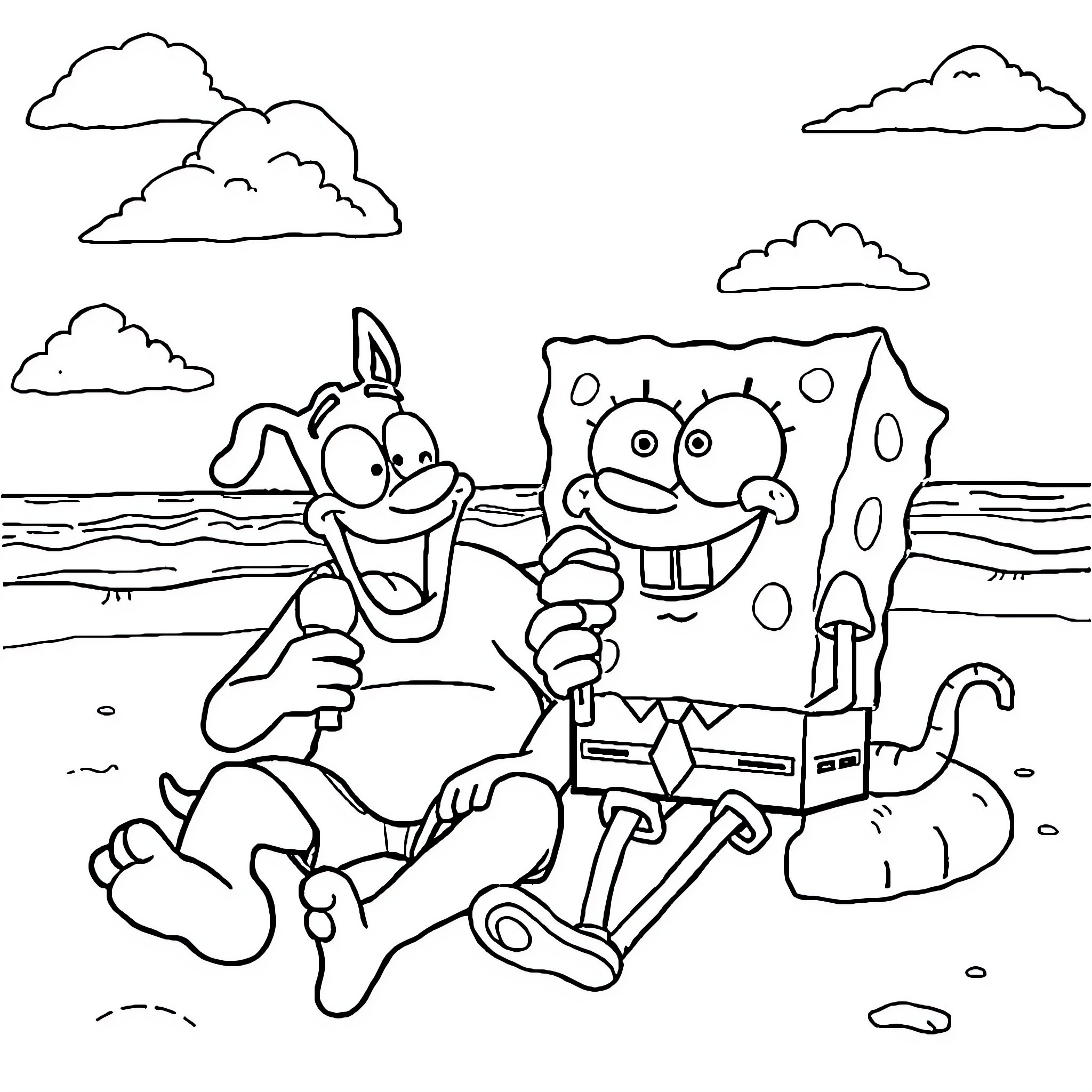 Dog Man enjoys a day at the beach with SpongeBob Coloring Page (free black-and-white line drawing printable PDF for all, from beginners to advanced learners, including children, teens, adults, and seniors)